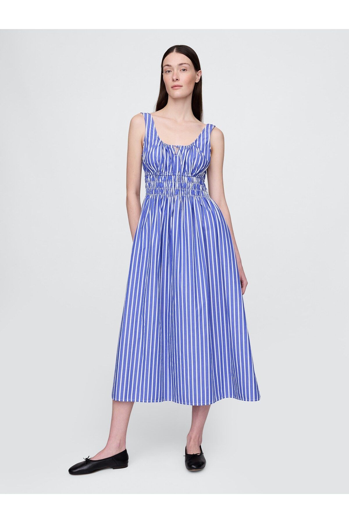 GAP Kadın Mavi Poplin Smocked Midi Elbise