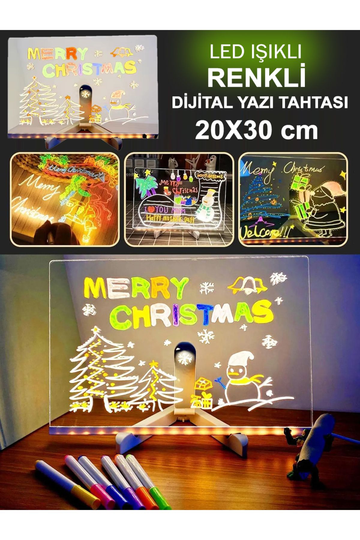 DigiMonster LED Işıklı Akrilik Mesaj ve Çizim Panosu – Renkli Kalemli, Gece Lambalı, Ayaklı Standlı (20x30 cm)