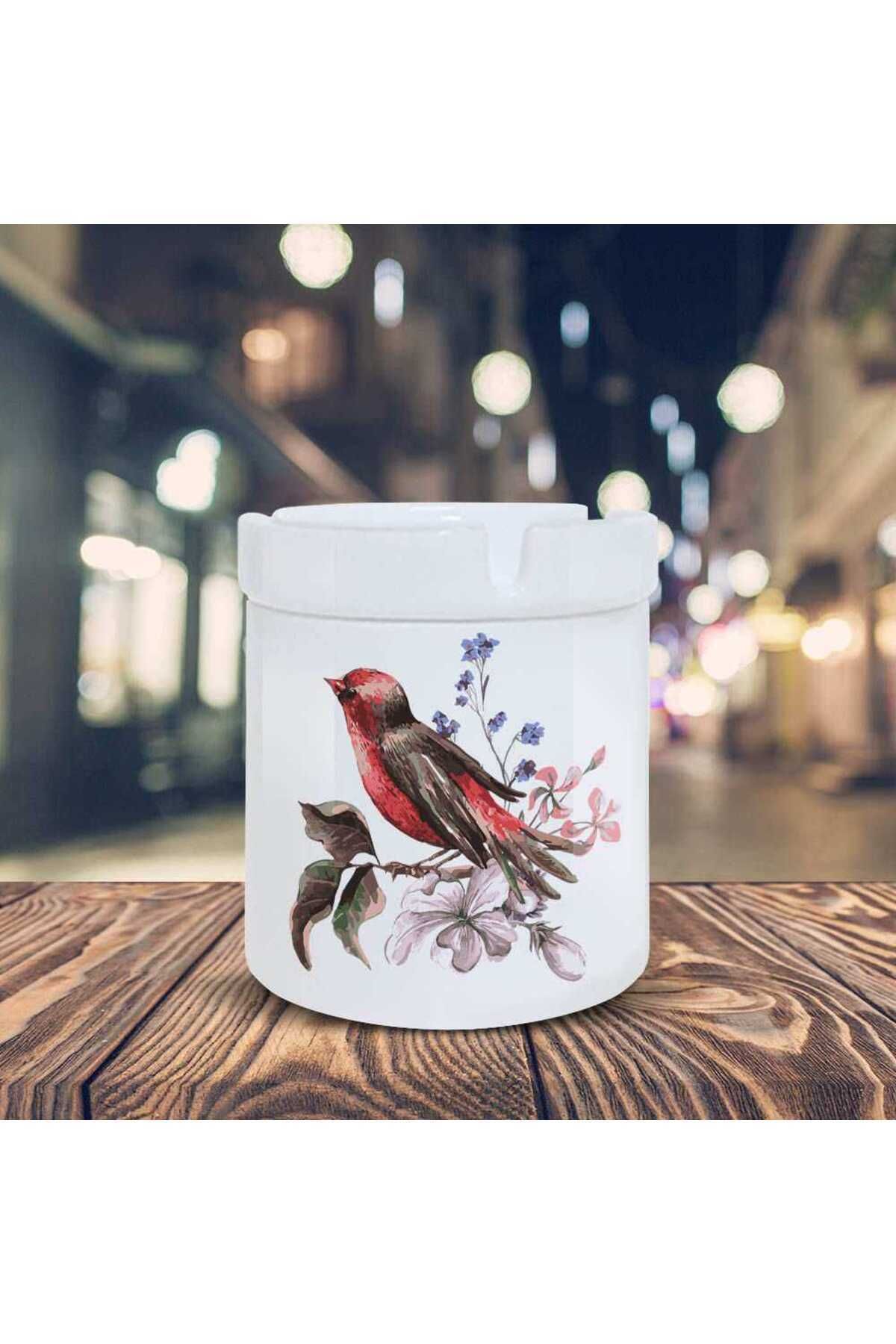 BİBANAPROMOSYON Daldaki Serçe Kuş Baskılı Seramik Küllük Kül Tablası-30258