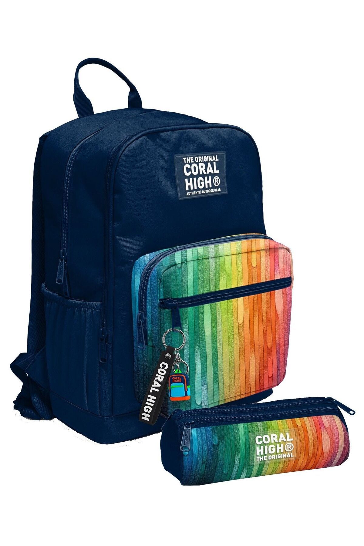 Coral High Erkek Çocuk Sırt Çantası ve Kalemlik Seti - Lacivert Çok Renkli Çizgi Desenli - İlkokul