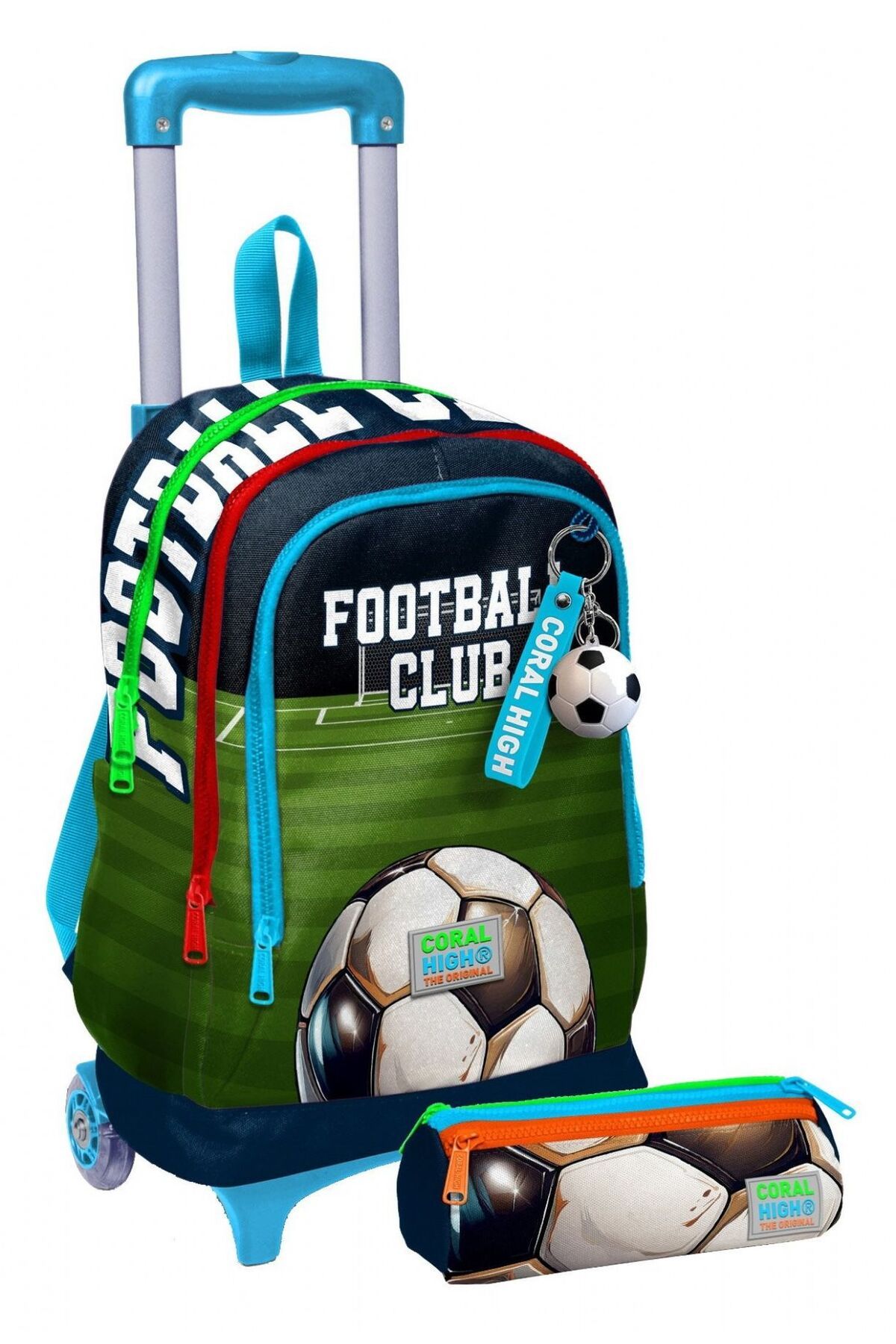 Coral High Işıklı Erkek Çocuk, Lacivert Yeşil Futbol Baskılı, İlkokul Çekçek Çanta ve Kalemlik Seti