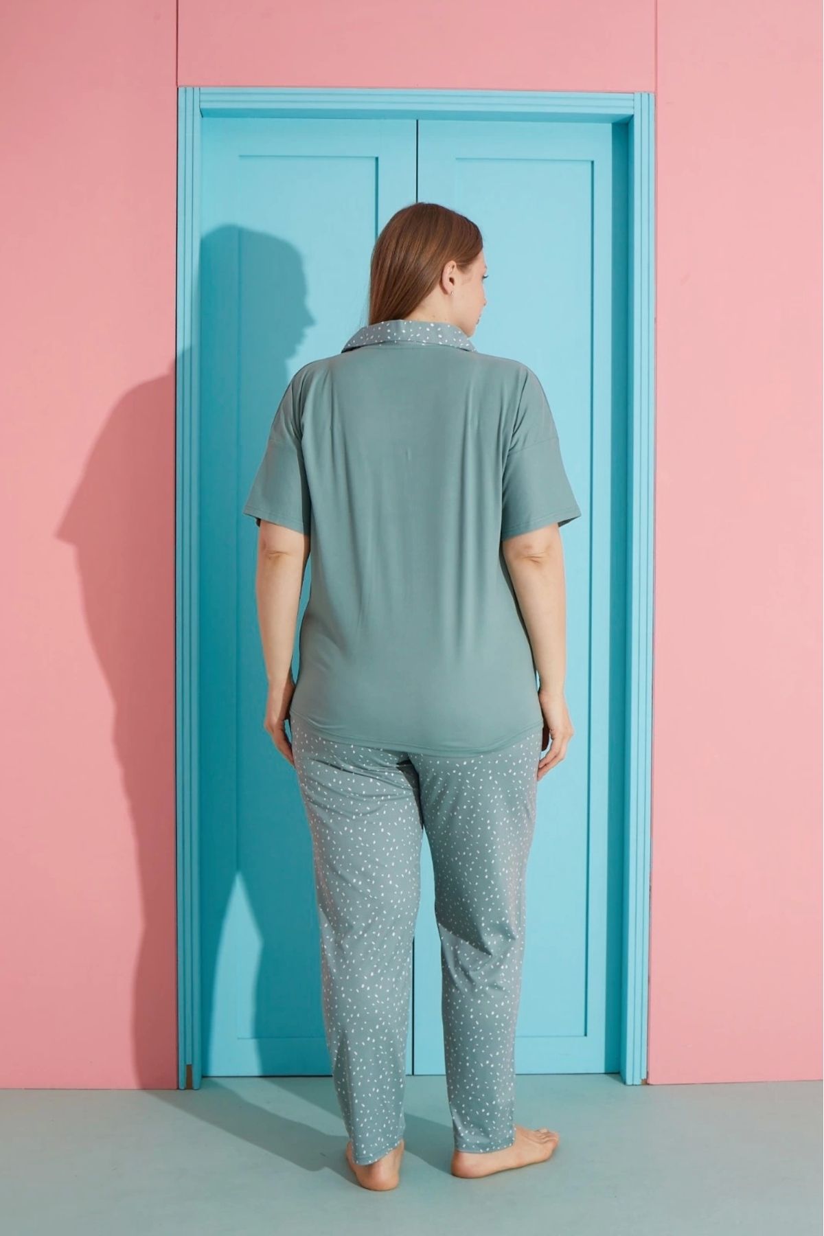 Pijamoni-Plus Size Green Milan Fabric Button Front Women's Pajama Set – 7560 3