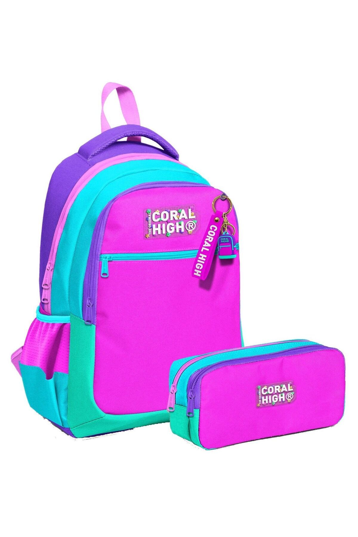 Coral High Üç Bölmeli İlkokul Sırt Çantası ve İki Bölmeli Kalemlik - Kız - Pembe Yeşil Çok Renkli