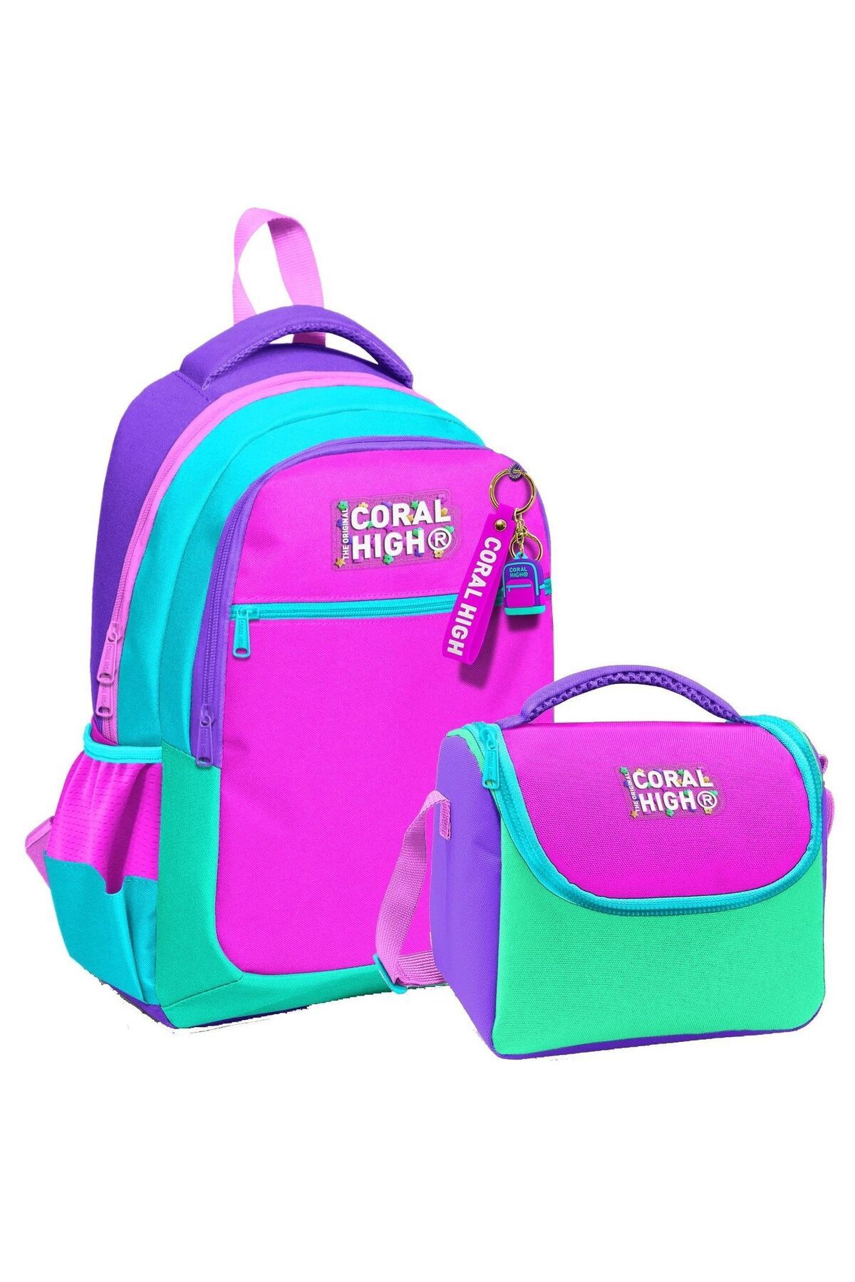 Coral High Coral HighKızlar İçin Üç Gözlü Pembe Yeşil Çok Renkli Okul Sırt Çantası ve Termal Beslenme Çantası