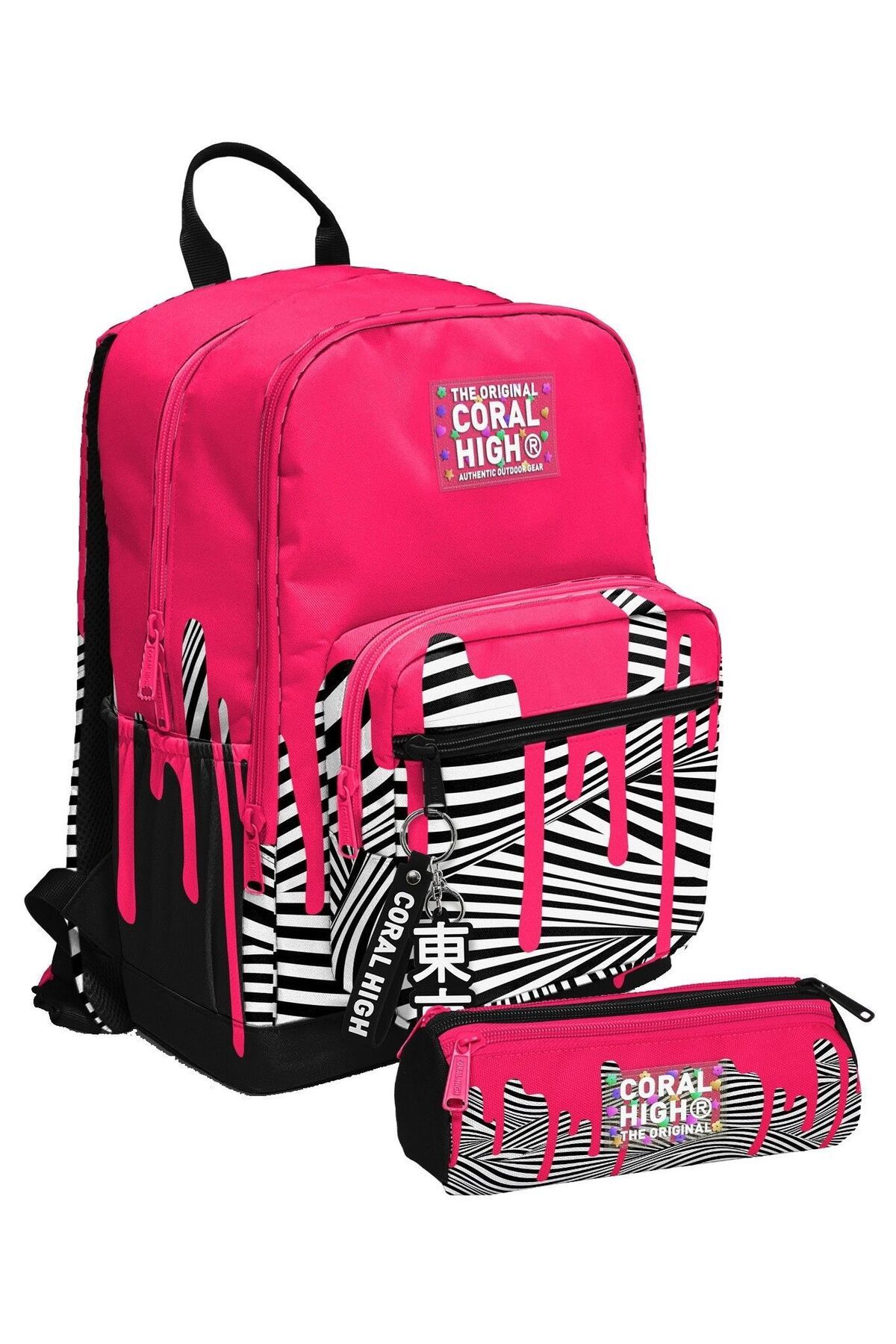 Coral High Kız Çocuk Sırt Çantası ve Kalemlik Seti - Pembe Siyah Beyaz Boya Desenli - İlkokul