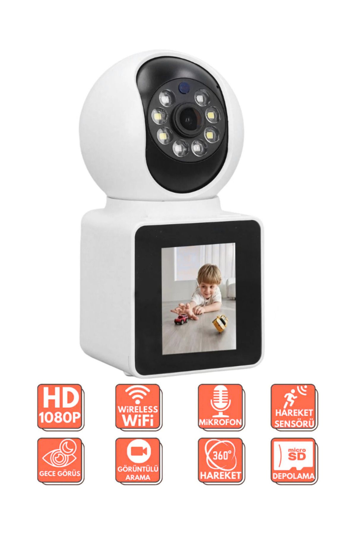 WUNİT Smart Camera WİFİ Monitörlü Full Hd 360° Akıllı Güvenlik Kamerası Ev, Bahçe, Bebek Odası