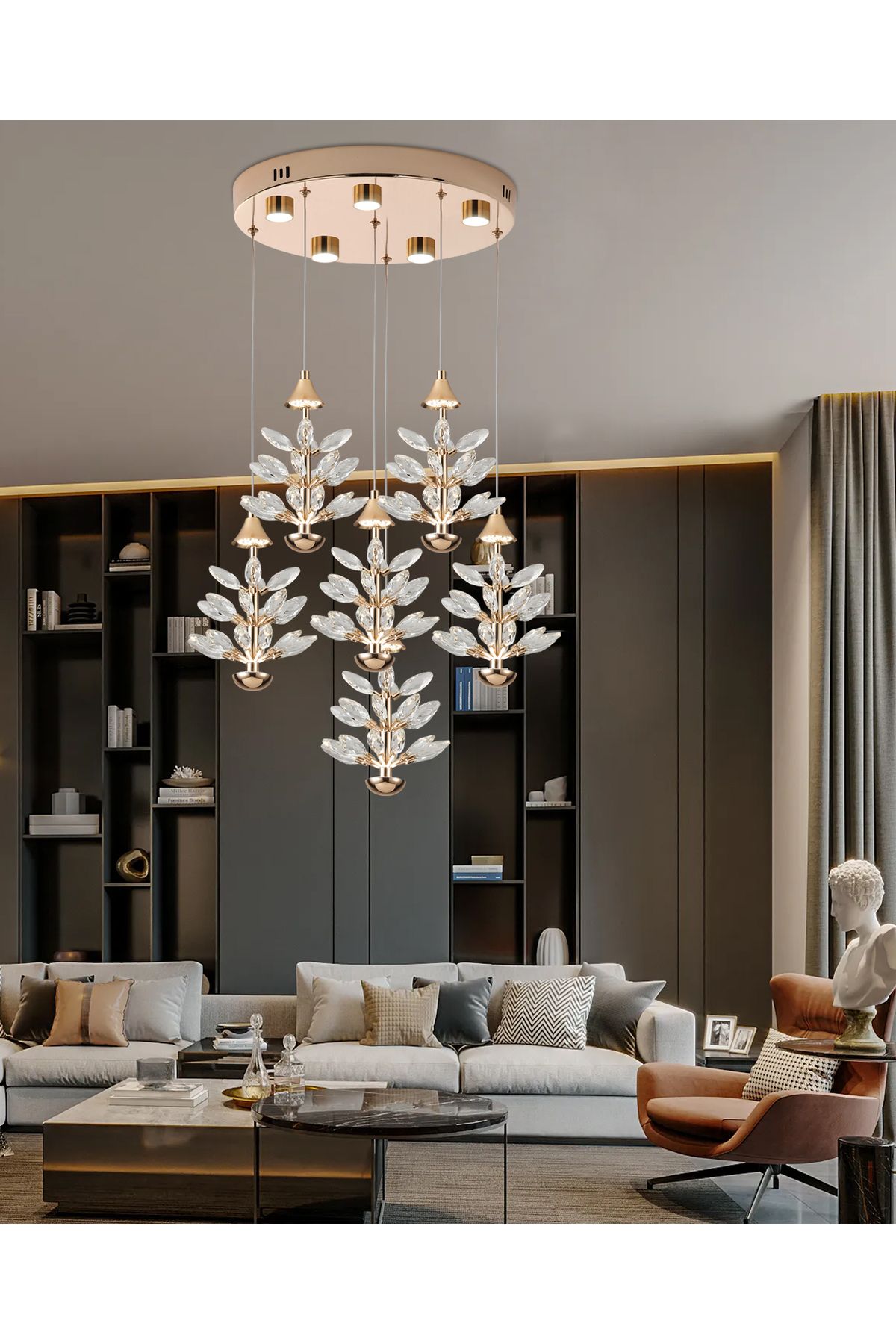 Apliqa Serap 6'Lı 65 Watt 3000K Yuvarlak Gold Kristal Taşlı Ledli Salon Avize