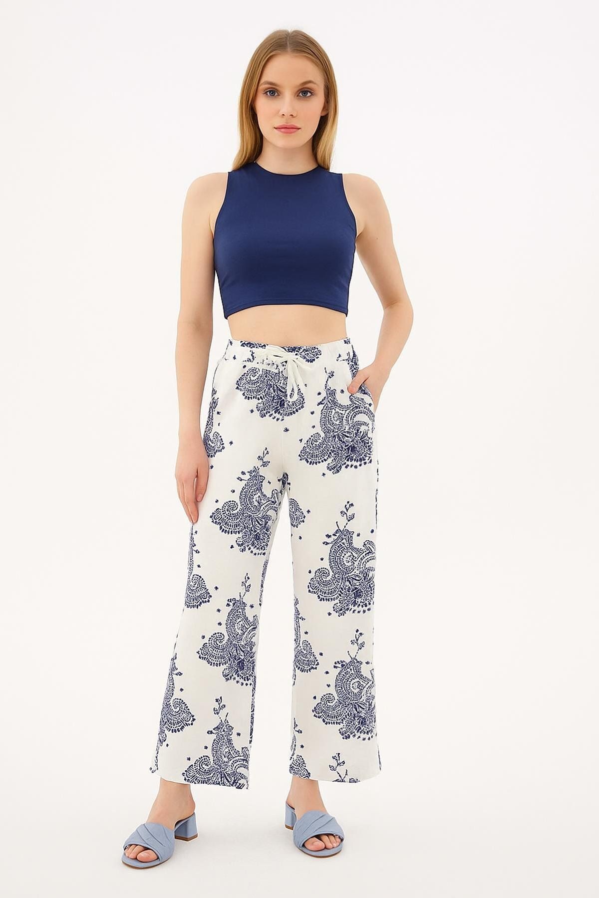 Fashion Friends Desenli Keten Pantolon Ekru