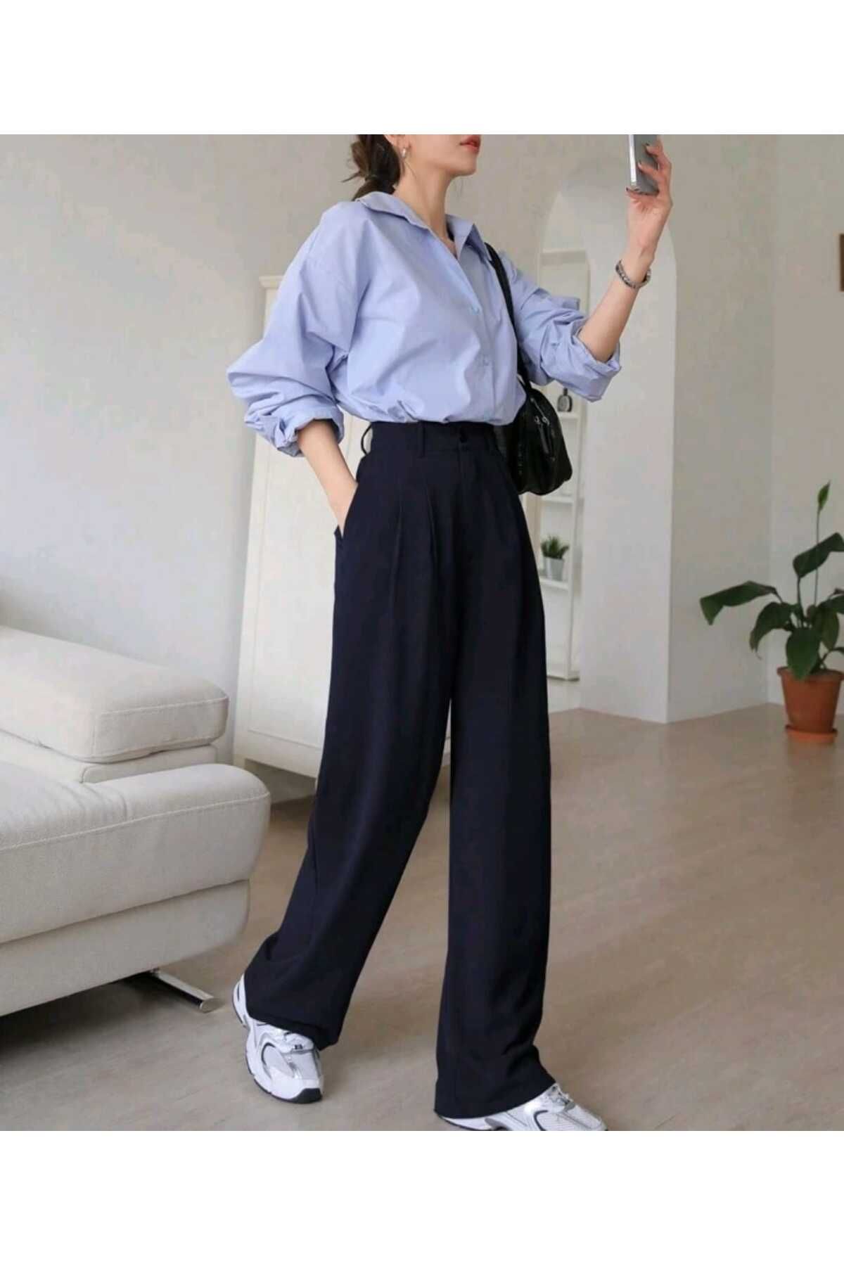 mor butik MOR BUTİK KADIN LACİVERT PALAZZO OVERSIZE RAHAT KESİM PANTOLON NEGY01001