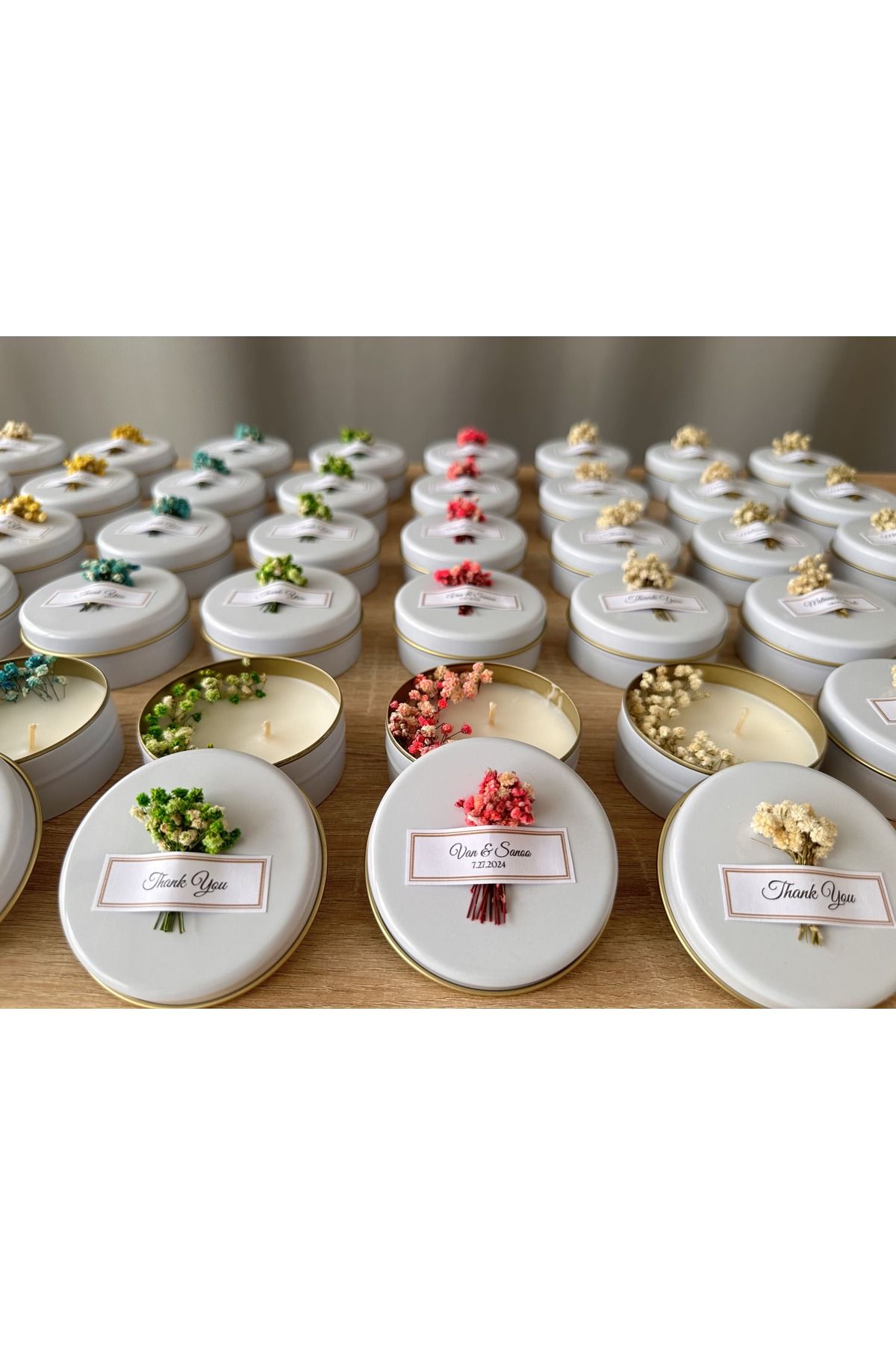 MoreAndMoreCandles Kişiye Özel Mini Buketli Soya Mum - Düğün, Nikah, Mevlid, Nişan, Doğum Günü, Bebek Hediye (10 ADET)