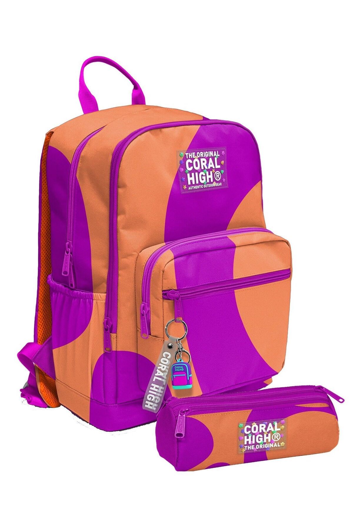 Coral High Kız Çocuk Sırt Çantası ve Kalemlik Seti - Turuncu Mor Renkli Çizgili - İlkokul
