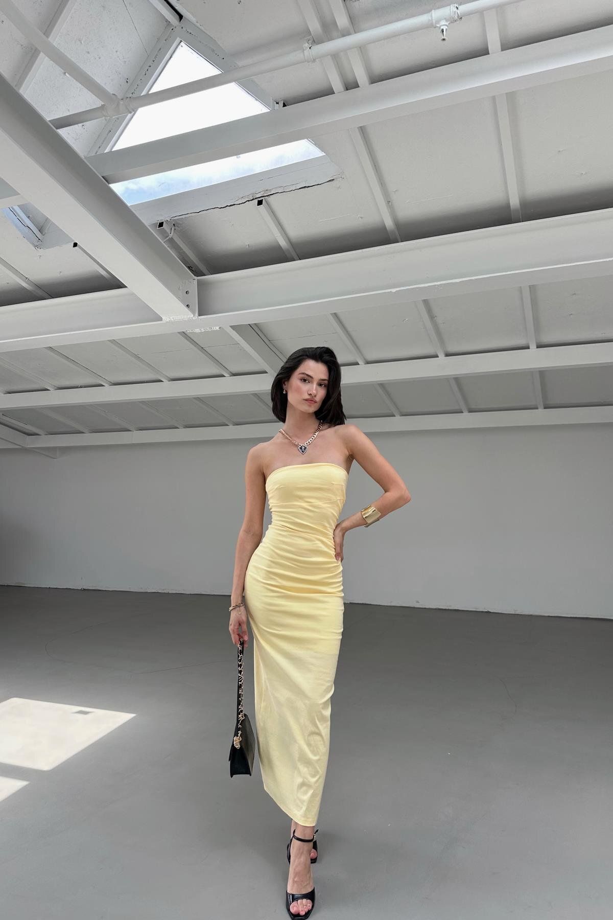 mylove Straplez Midi Elbise Sarı