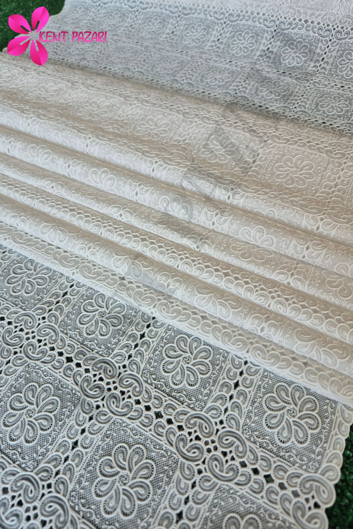 Kent Pazarı Kaydırmaz Beyaz Dantel Örtü 50x400 (±10-15) cm | Güpür Raf Örtüsü - Masa, Dolap,Çekmece İçin Örtü