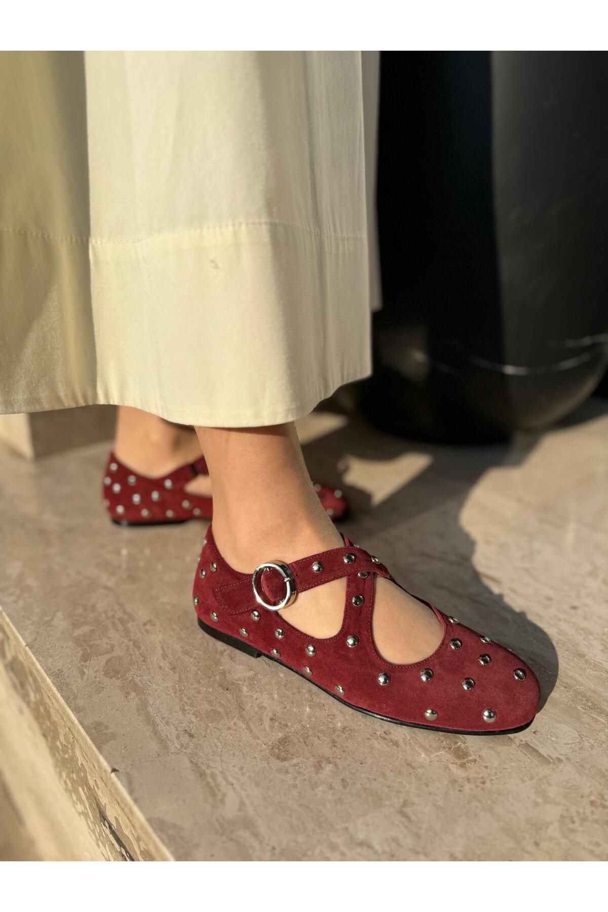 BABLACK Troklu Hakiki Deri Kadın Babet Bordo