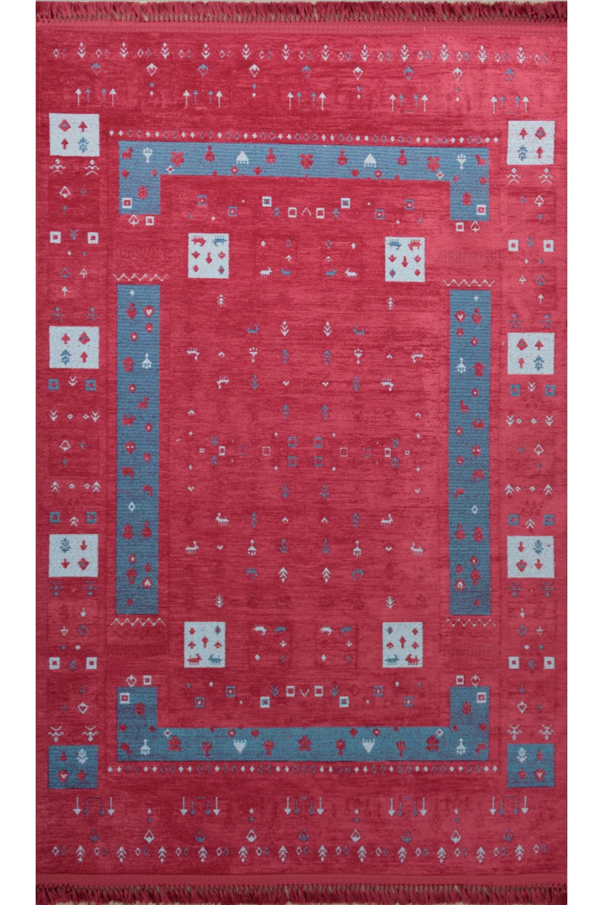 Tuğra Halı Tuğra Halı Semerkand SN01 Kırmızı Bordo Tozumaz Etnik Eskitme Türkmen Kilim Desen Halı Üst Kalite
