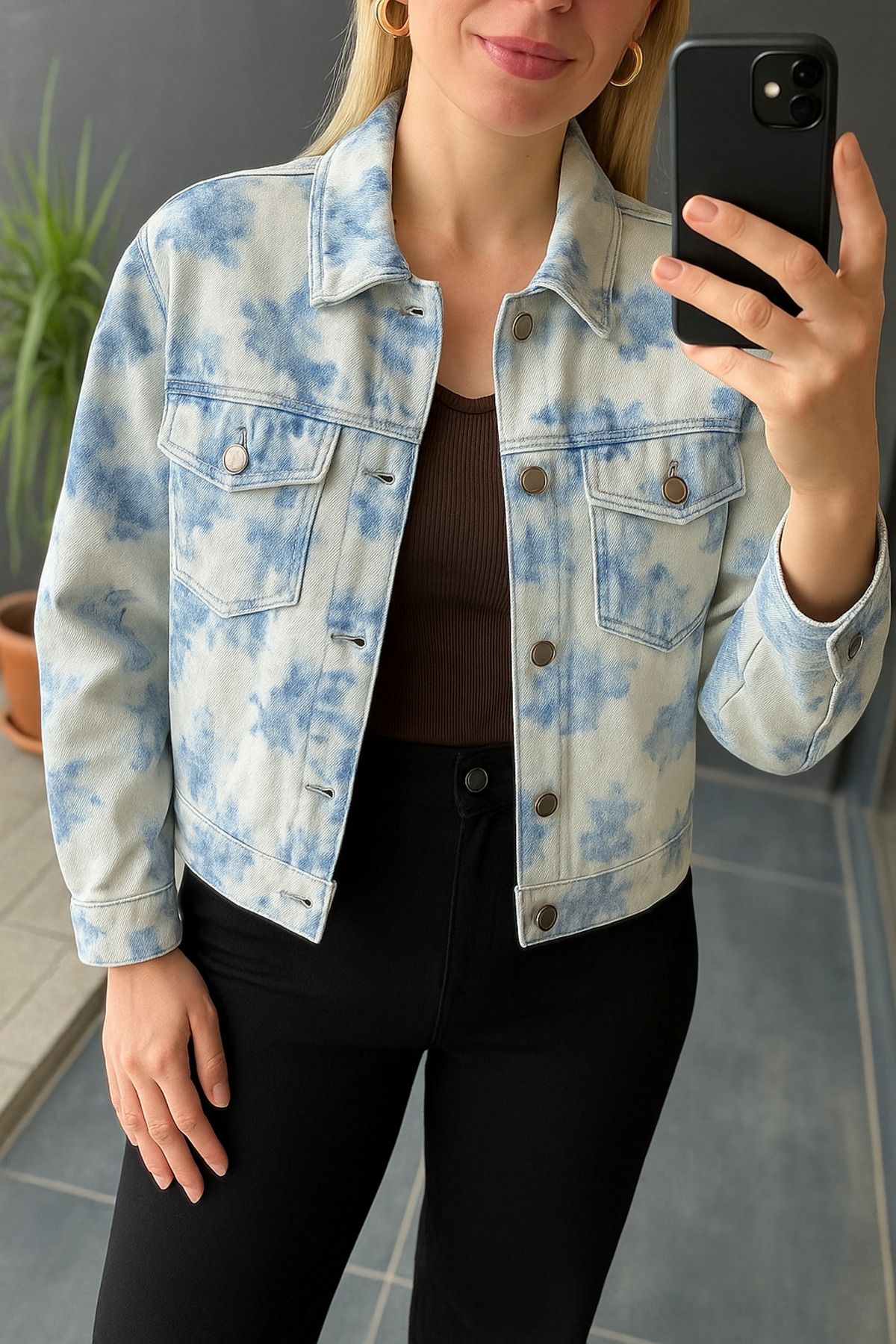 ribana Oversize Desenli Geniş Kesim Denim Kot Çift Cepli Overshirt Ceket Tarzı Mevsimlik Jean Gömlek