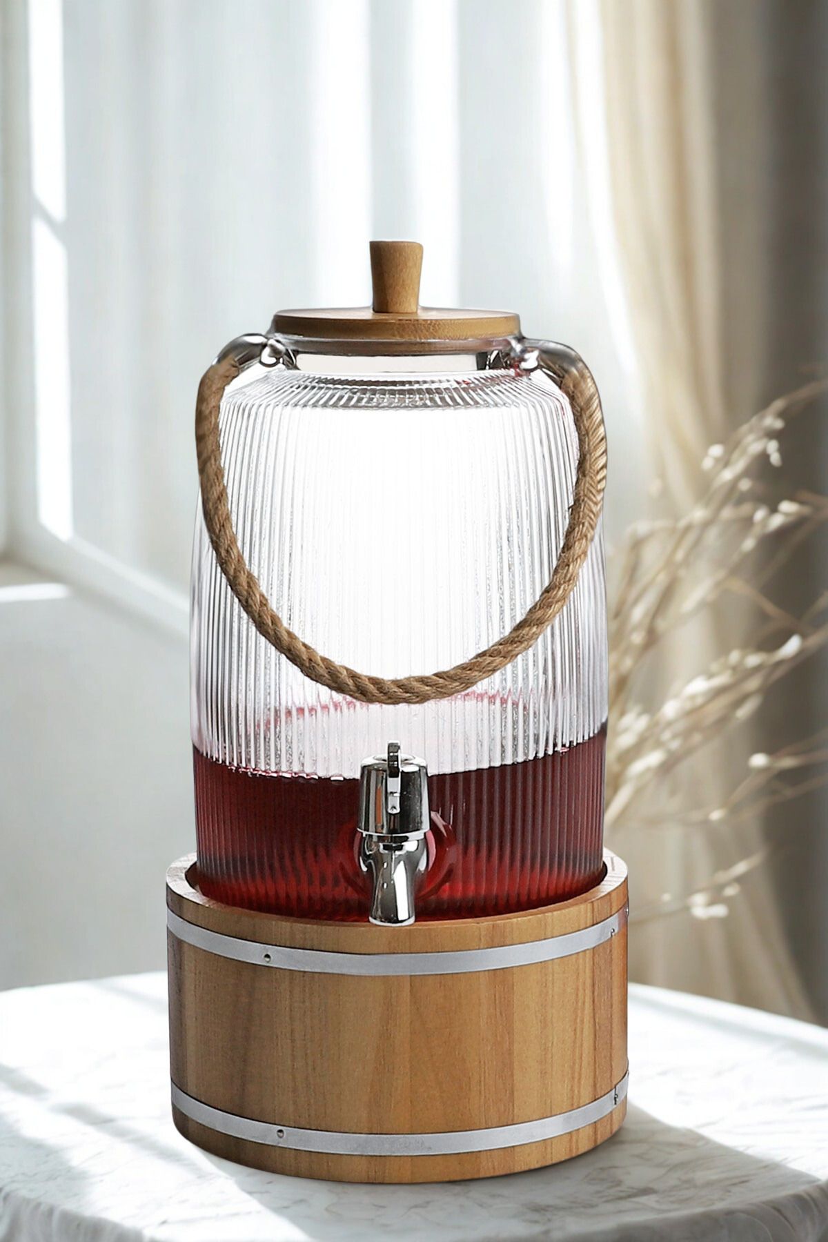 Manaferra Bambu Kapaklı Halatlı Musluklu Çizgili Cam Sebil Lohusa Şerbetlik Büyük Boy 6 Litre