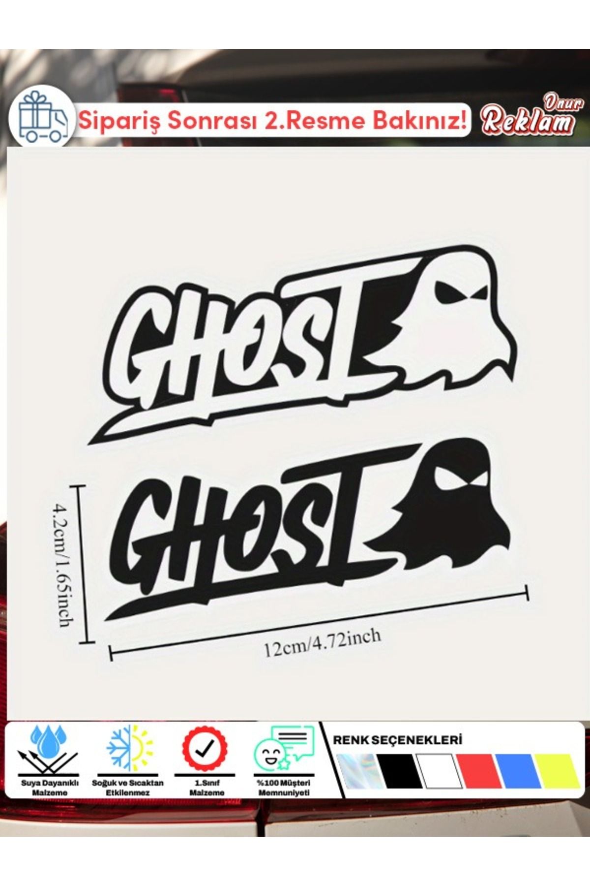 Onur Reklam Ghost Yazılı Mini Araç Sticker Seti – 2’li Paket, Suya Dayanıklı 12x4,2 cm