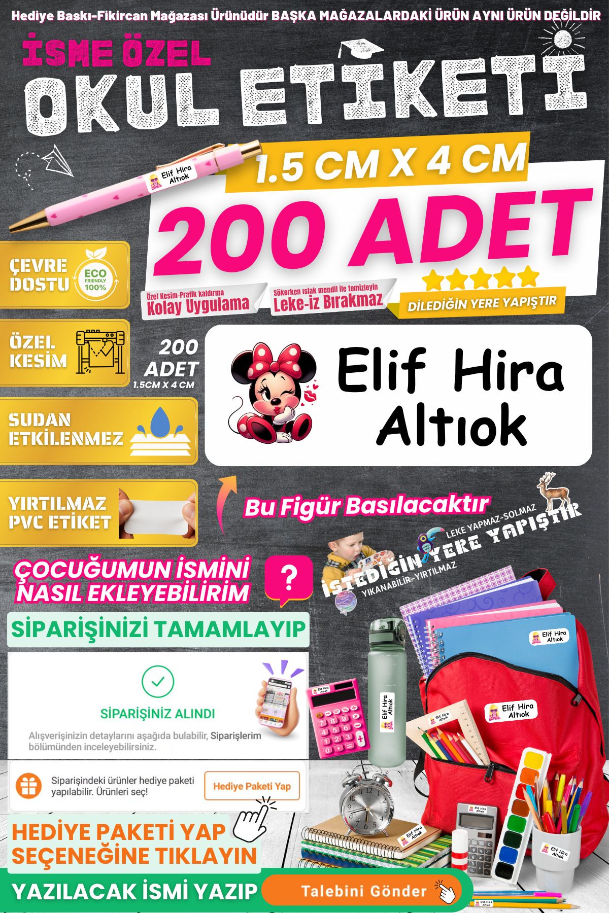 FİKİRCAN Fikircan-İsme Özel Okul Etiketi-SEVİMLİ MİNNY 200 Adet - Kokusuz Ekolojik Mürekkep PVC ETİKET
