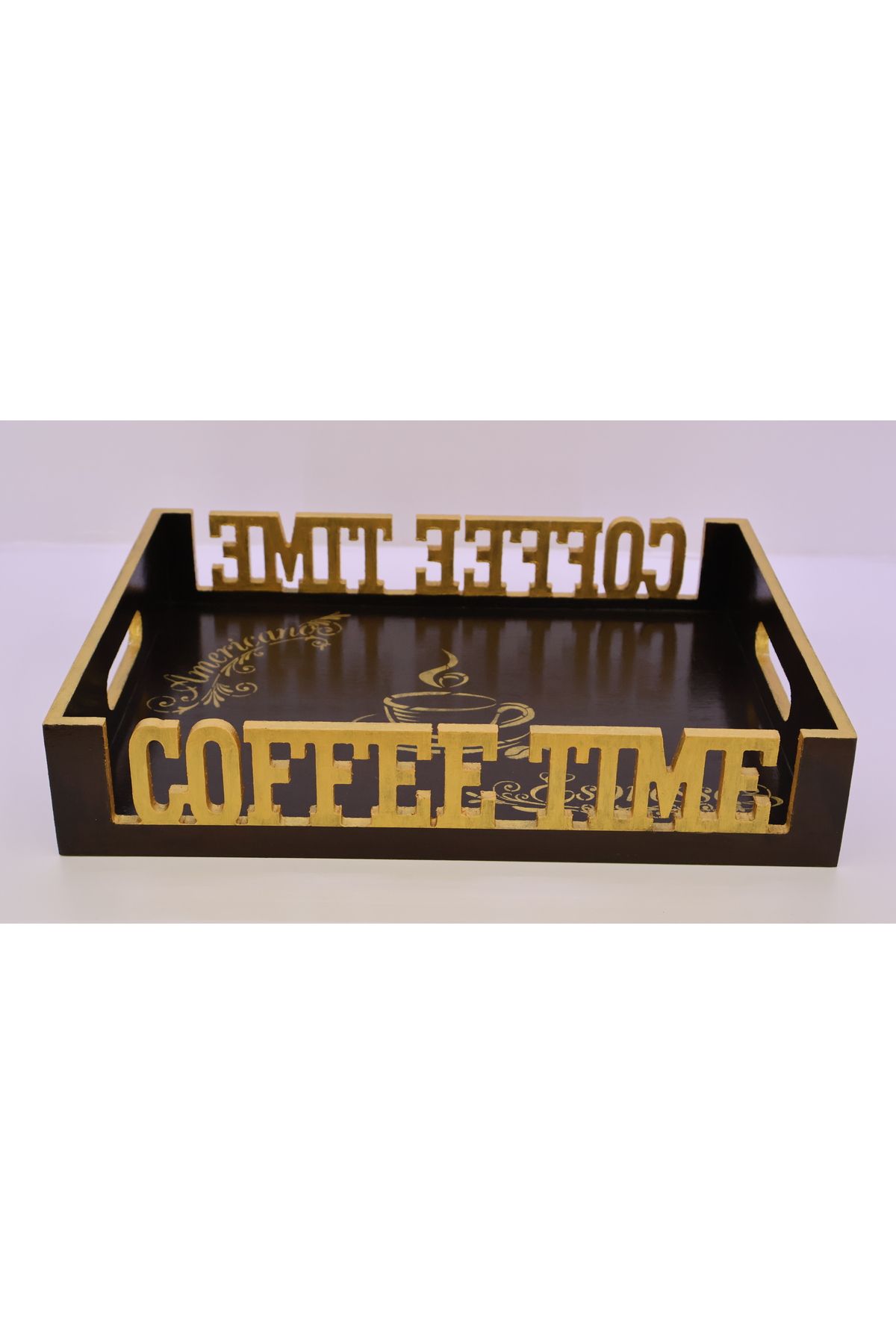Mersin Alzheimer Derneği Siyah Zemin Üzerine Gold İşlemeli Coffie Time Detaylı Ahşap Tepsi Yükseklik 7,5 cm, 40*30
