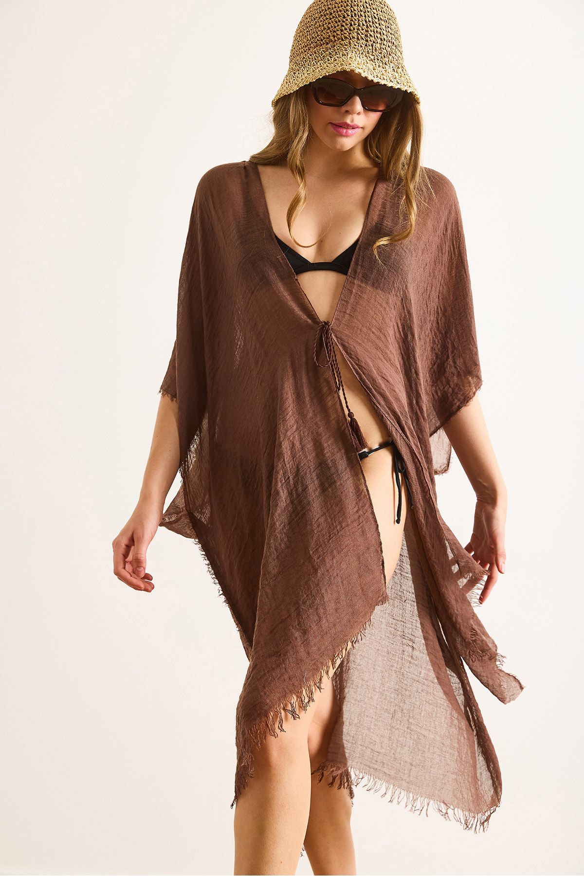 Kadın Acı Kahve Yırtmaçlı Bağlamalı Pareo Kimono KMN-00000063