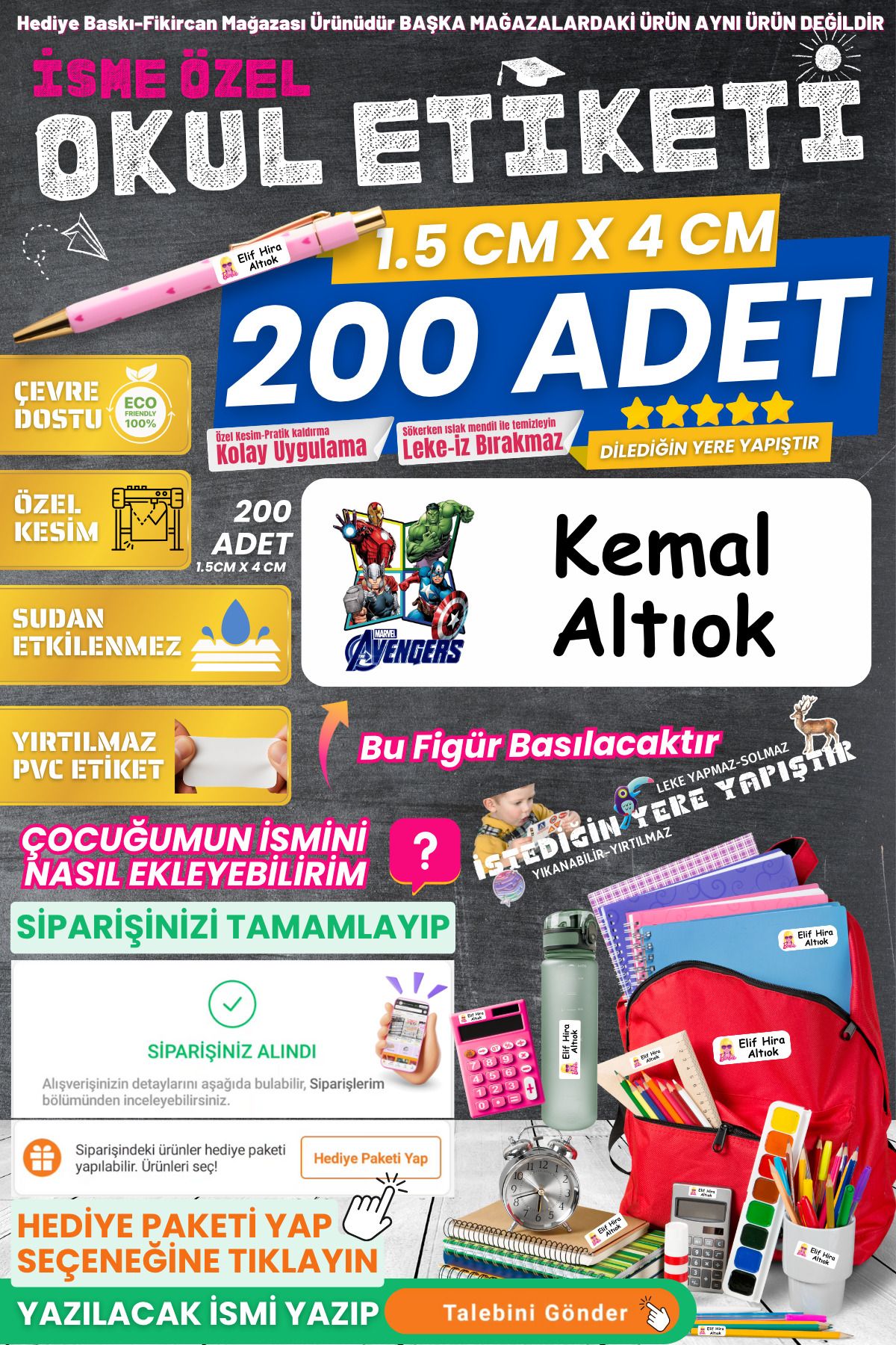 FİKİRCAN Fikircan-İsme Özel Okul Etiketi-AVENGERS KAHRAMANLAR 200 Adet - Kokusuz Ekolojik Mürekkep PVC ETİKET