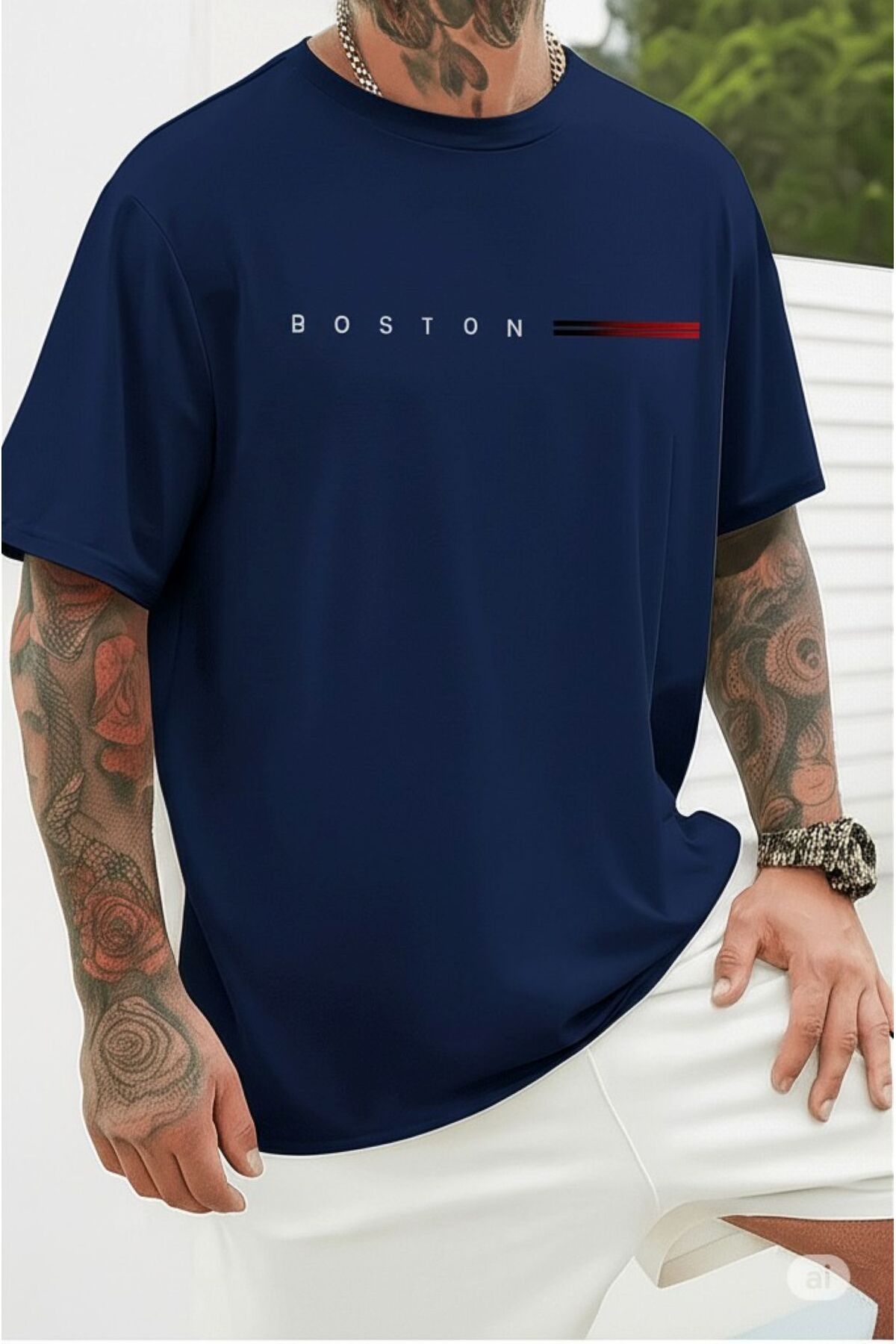NO 601 Erkek Lacivert Boston Baskılı Oversize Bol Kalıp Battal Tshirt