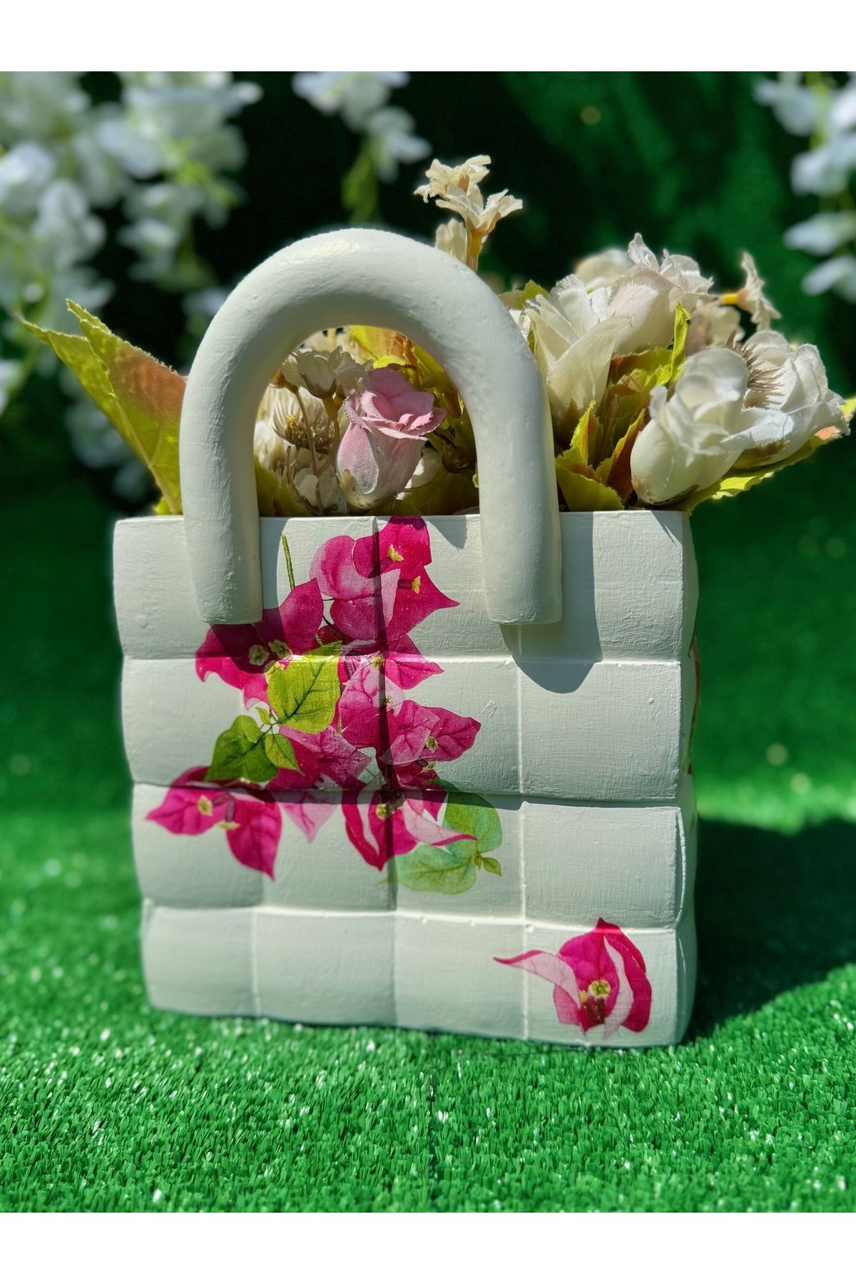 AYLA HOBİ ATÖLYESİ Çiçek Desenli El Boyaması Polyester Çanta Saksı