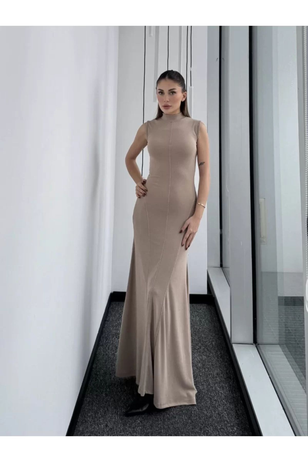 ruum fashions Kolsuz Yarım Bogazlı Uzun Elbise