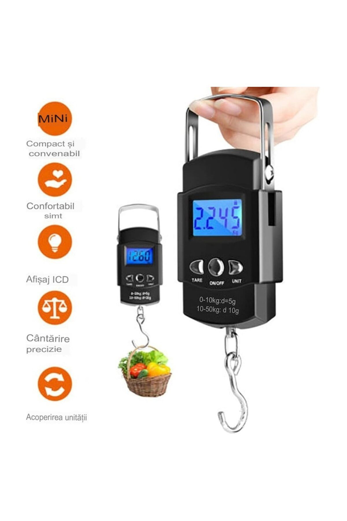 OEM-Digital Hand Scale with Hook, Portable Handle, Capacity 50 kg, with Built-In Measuring Tape, Black 3