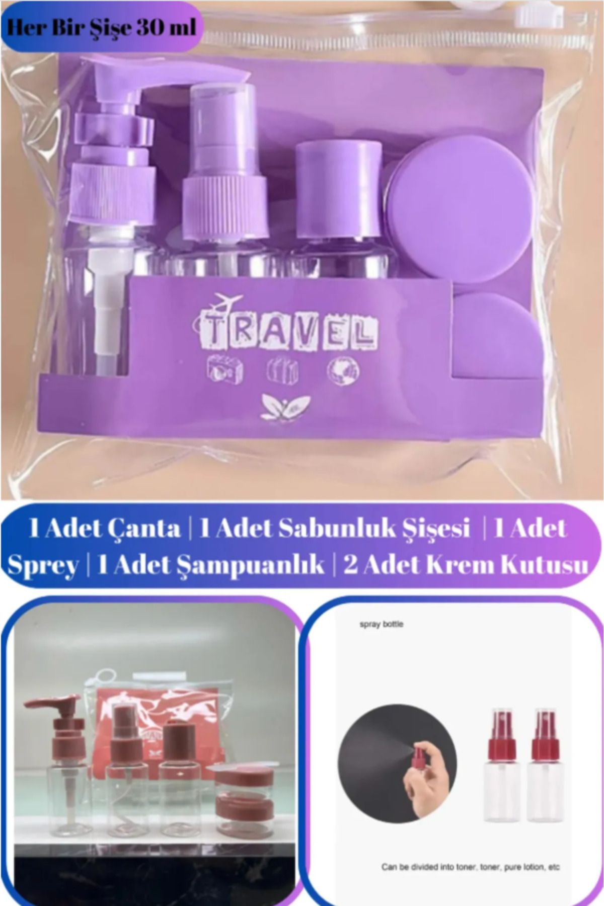 TUMU LIFE 6 Parça Seyahat Tipi Şişe Ve Kutu Seti Taşıma Çantalı Seyahat Tipi Kozmetik Dolum Seti Krem Spatula