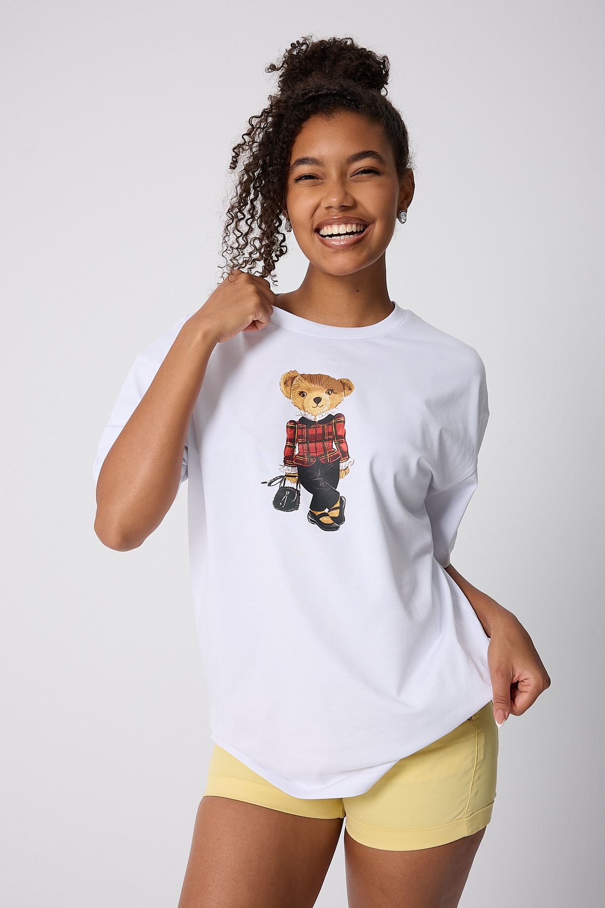 Vooya Fashion Bear Baskılı Oversize Pamuklu Beyaz Kadın T-shirt