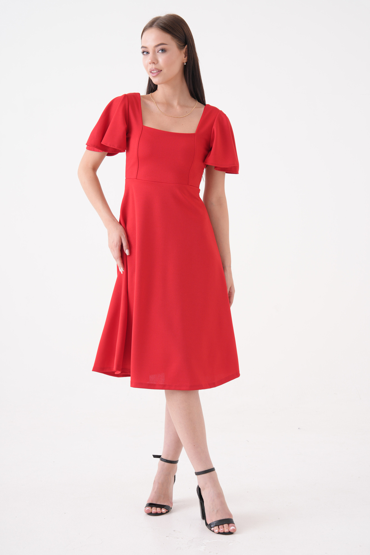 vuvutasarım-New Season Sleeve Detail Flexible Scuba Crepe Fabric Square Collar Midi Length Women's Evening Dress Graduation Dress 082 7