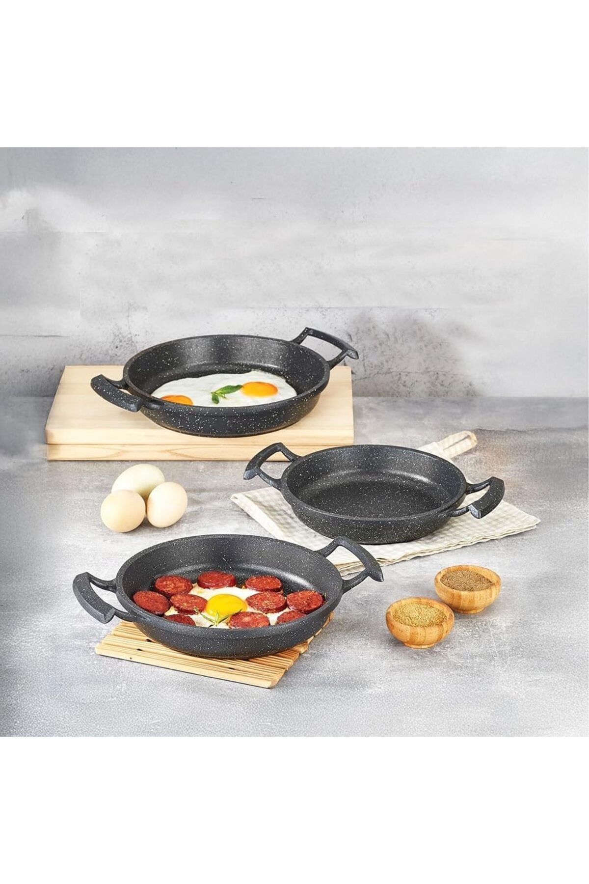 Mena Rise BlackShop 3'lü Döküm Sahan Seti, 3'lü Yumurta, Omlet Tavası, 3 Boy Döküm Siyah Granit Sahan T