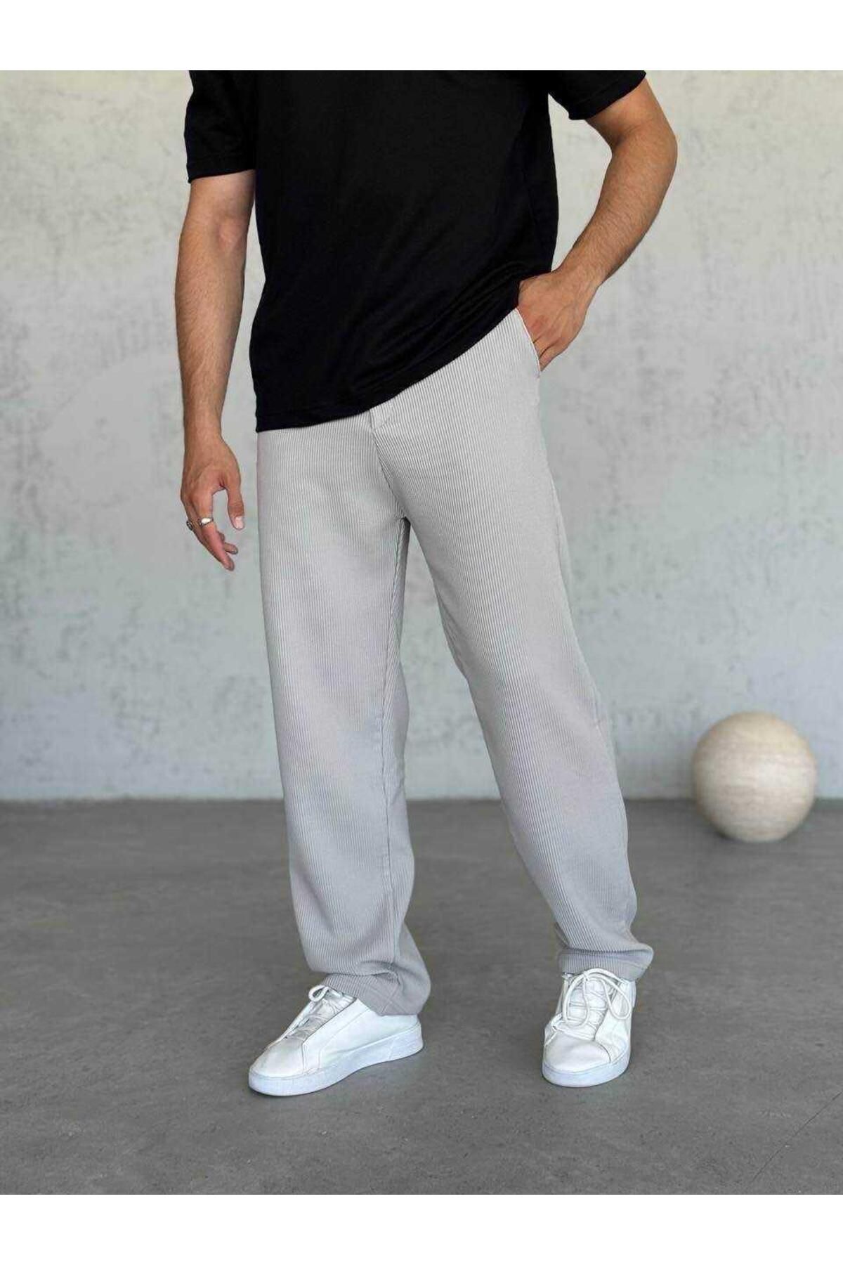 MODA PAMUK FİTİLLİ BAGGY FERMUARLI KEMER DETAYLI GRİ PANTOLON