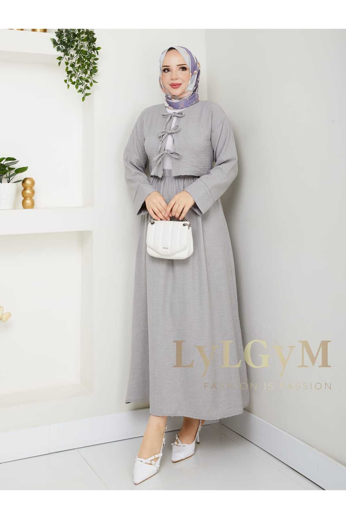 LyLGyM FASSION IS PASSION Kadın Keten Ayrobin Kumaş ikili Etekli Crop Kimono Takım