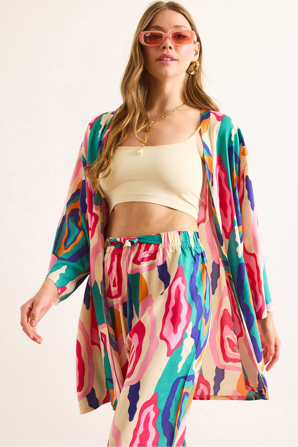 Olalook Kadın Pembe Mavi Desenli Dökümlü Dokuma Viskon Kimono KMN-00000070