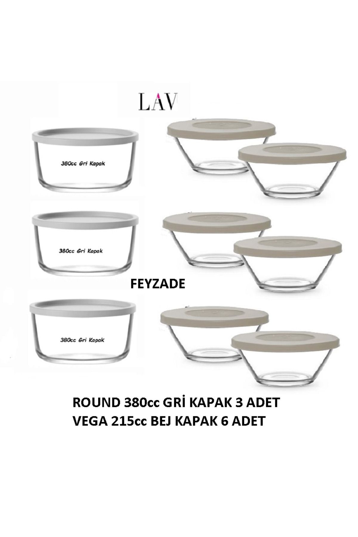 LAV-Feyzade Round 380Cc Storage Container Set 3 Pcs Gray Lid - Vega 215Cc Storage Container Set 6 Pcs 1