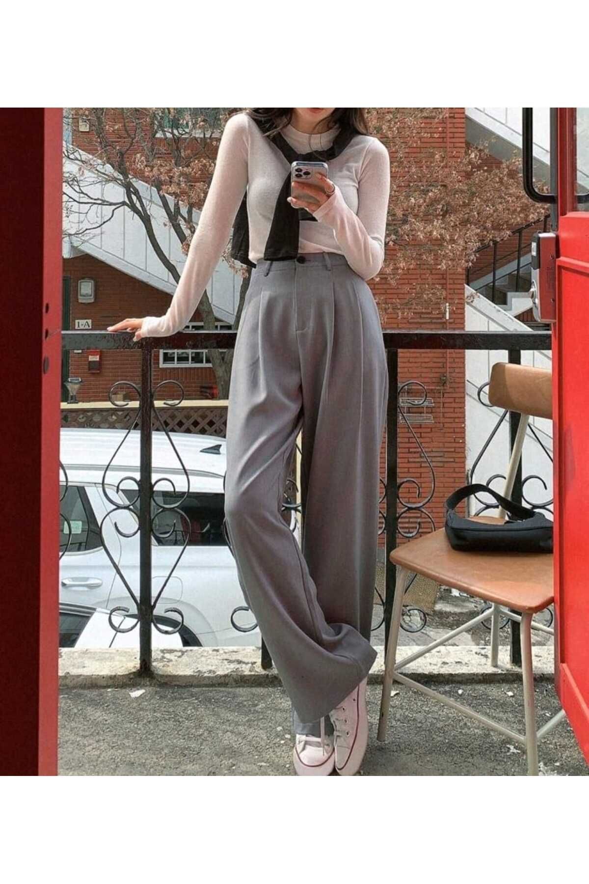 mor butik MOR BUTİK KADIN GRİ PALAZZO OVERSIZE RAHAT KESİM PANTOLON NEGY01001