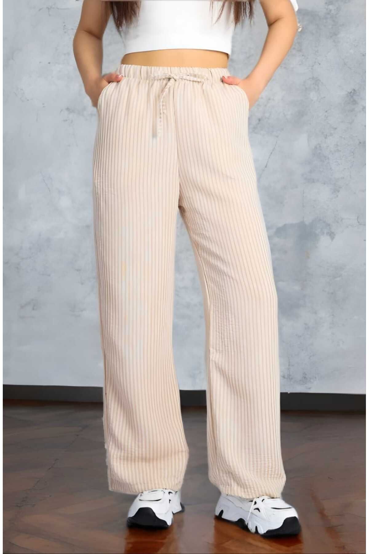 CNG MODA Unisex Su Yolu Çizgili Keten Karışımlı Torba Pantolon