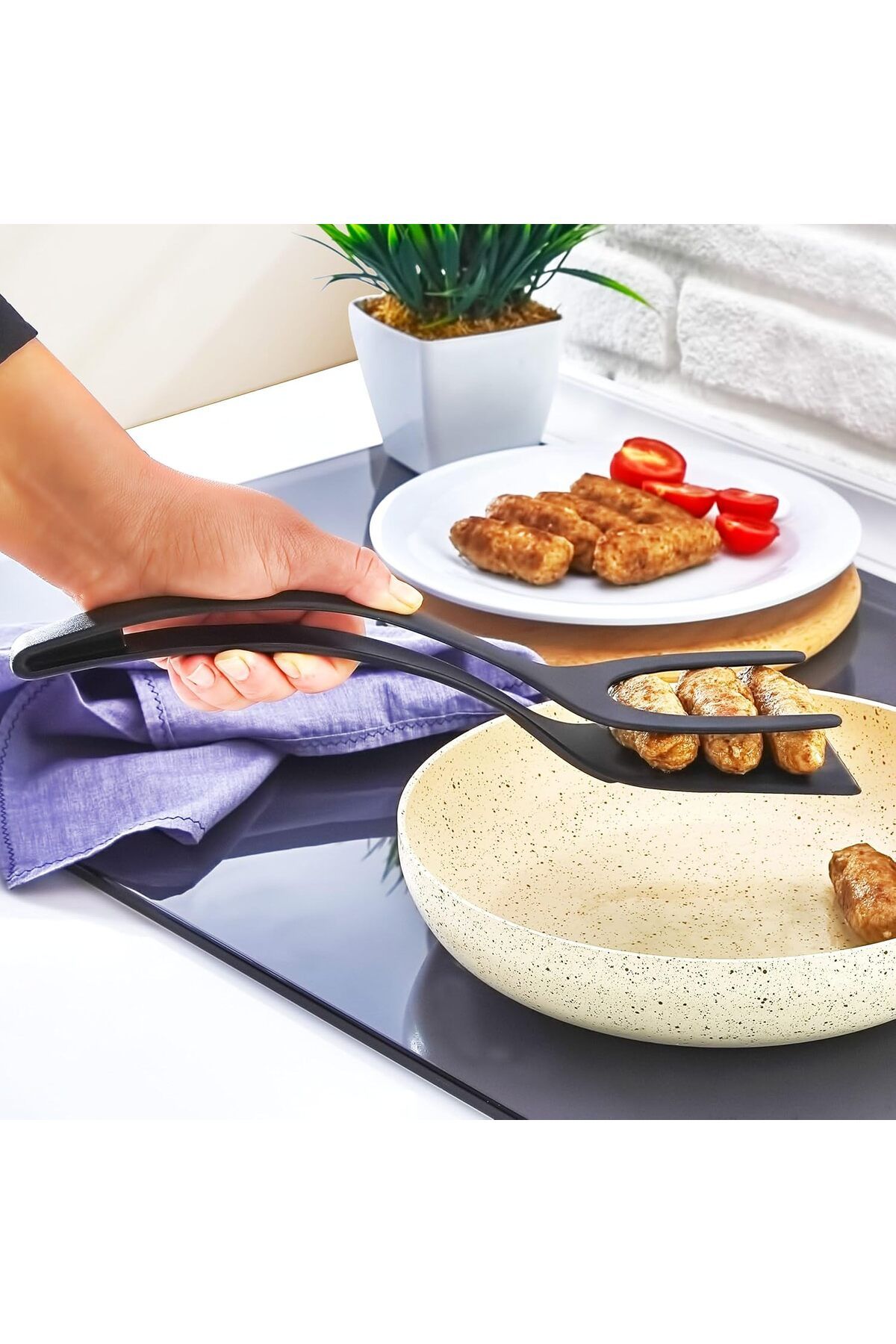 Mena Rise BlackShop Maşalı Spatula, Köfte Tavuk Balık Et Yumurta Krep Spatulası, Teflon Maşalı Spatula