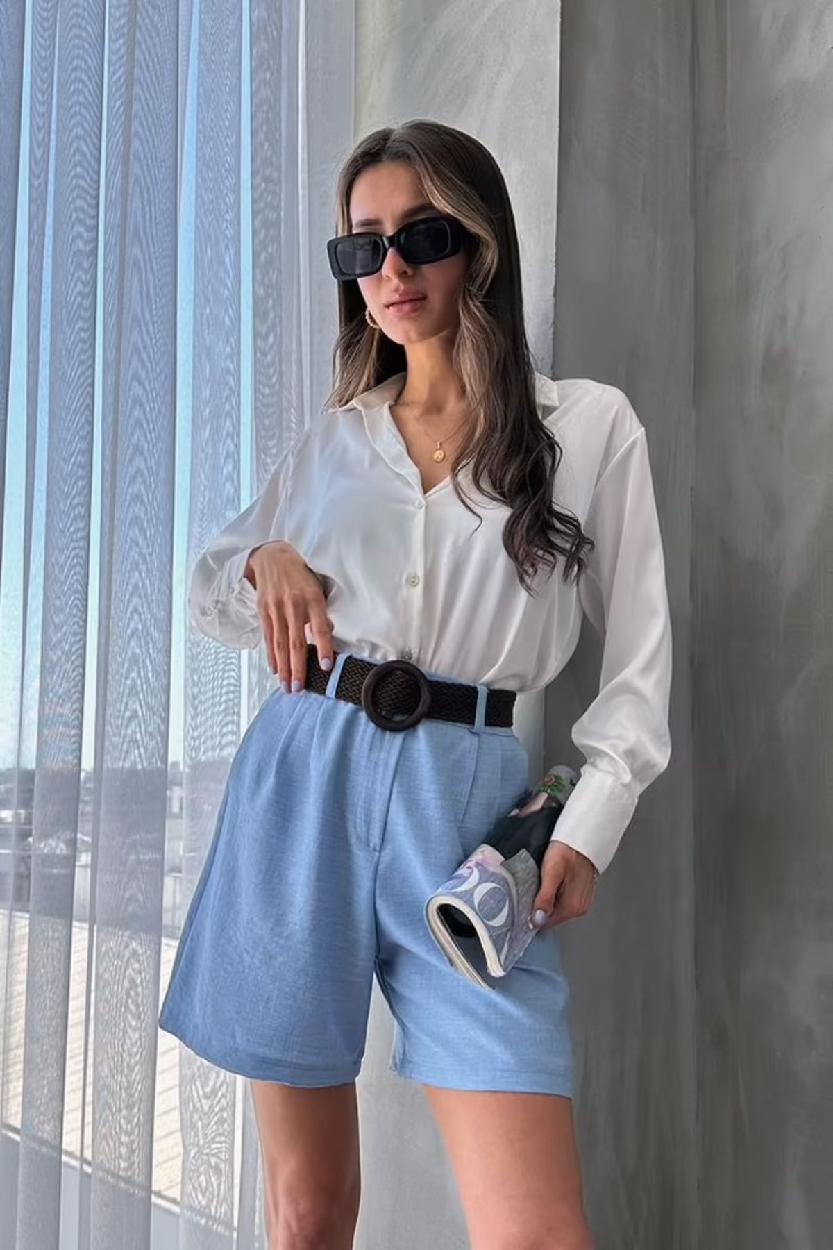 MORENA BUTİK Hasır kemerli şehir boy keten şort