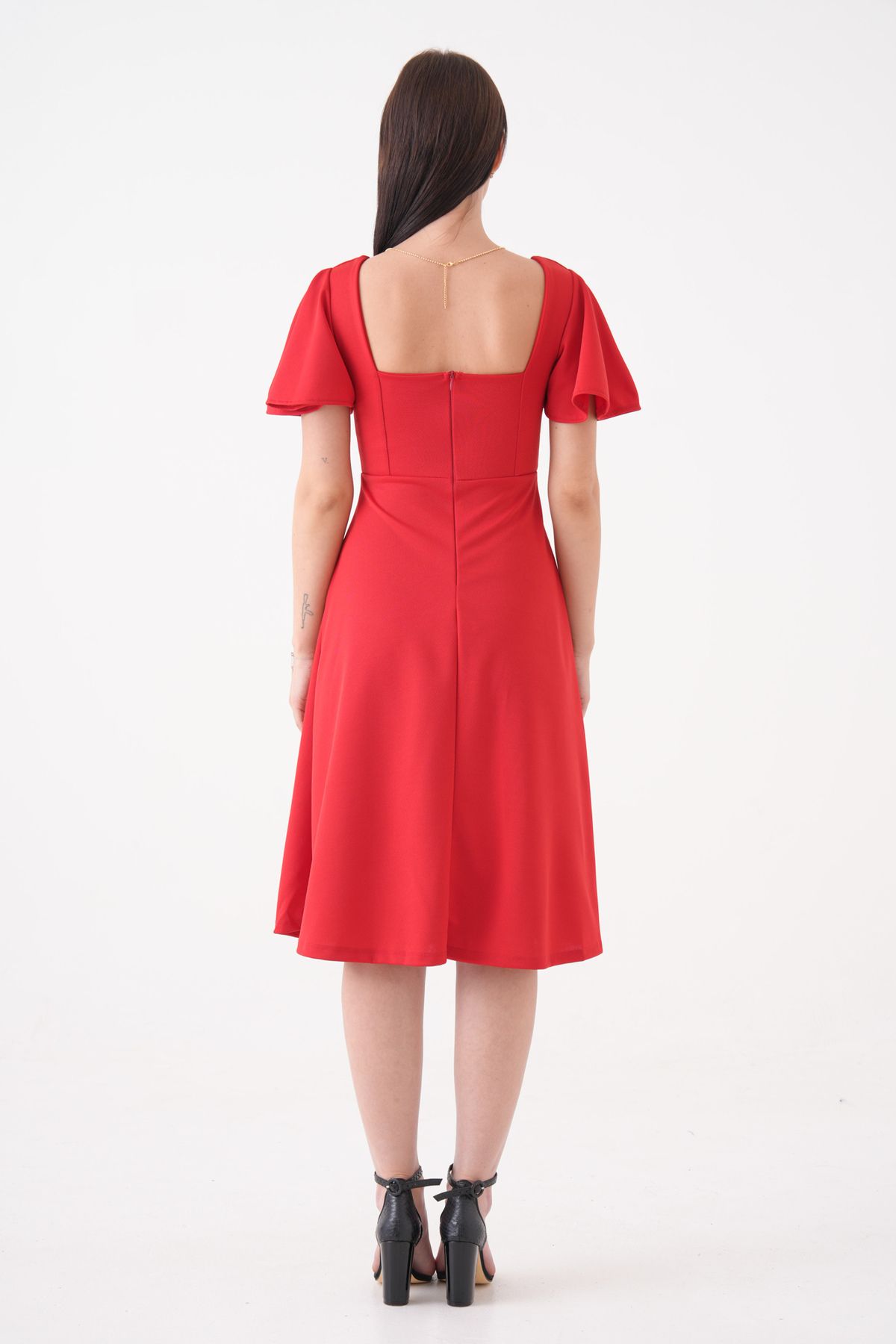 vuvutasarım-New Season Sleeve Detail Flexible Scuba Crepe Fabric Square Collar Midi Length Women's Evening Dress Graduation Dress 082 3