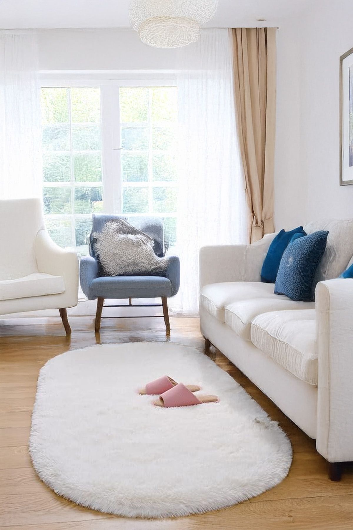 Halika Home Beyaz Oval Post Halı Yumuşak Peluş Kaymaz Dot Taban Antibakteriyel Makinada Yolluk Yıkanabilir