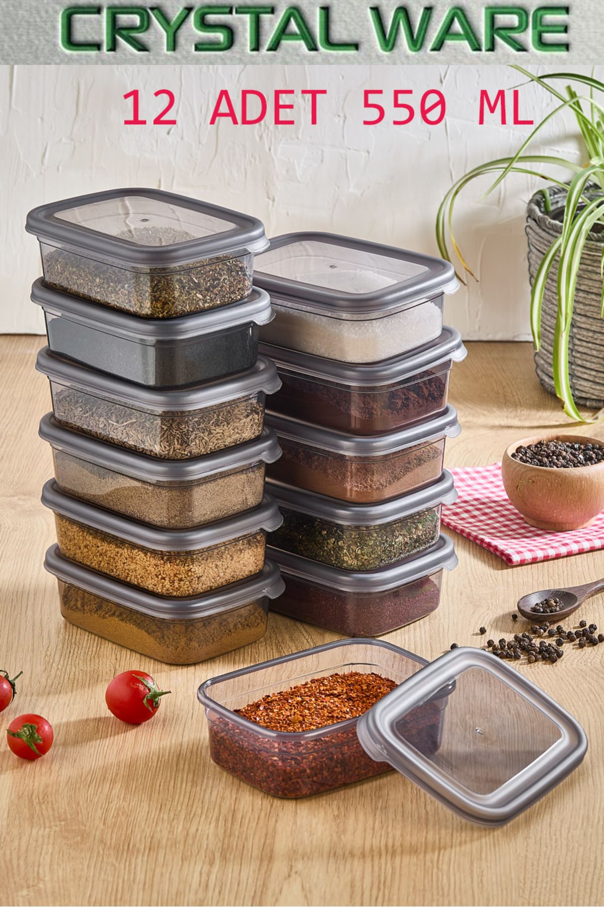 Crystal Ware 12' Li Dikdörtgen Erzak Saklama Kabı 550 Ml Antrasit F801