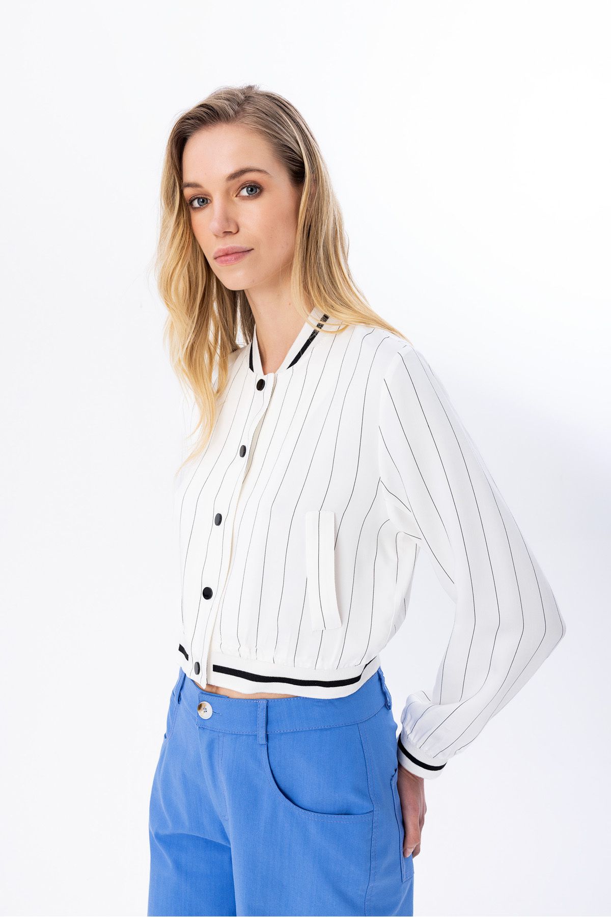 Berr-ın Çizgili Crop Bomber Ceket Ekru