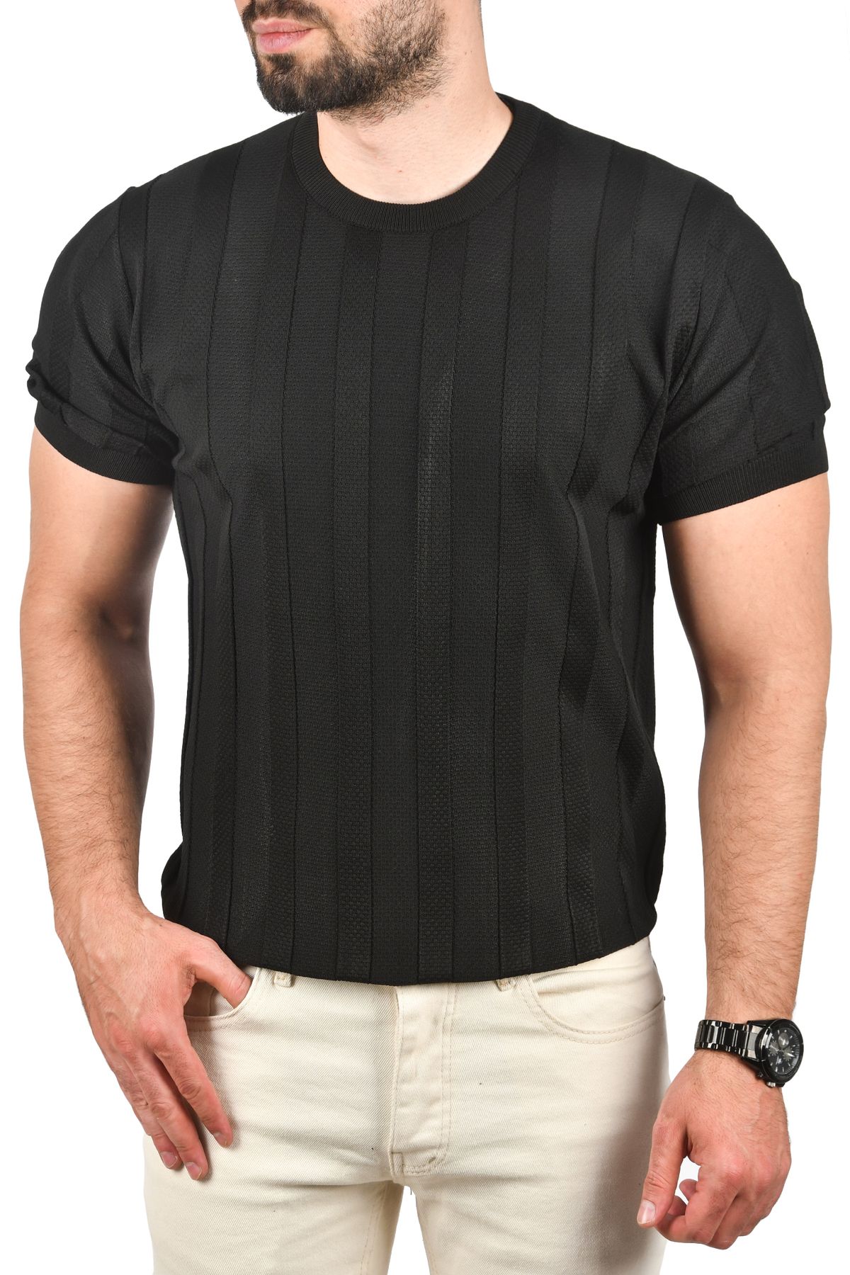 DeepSEA Erkek Siyah Dar Kesim Pamuklu Triko Tişört Slim Fit Nefes Alan Bisiklet Yaka Tişört 2504348