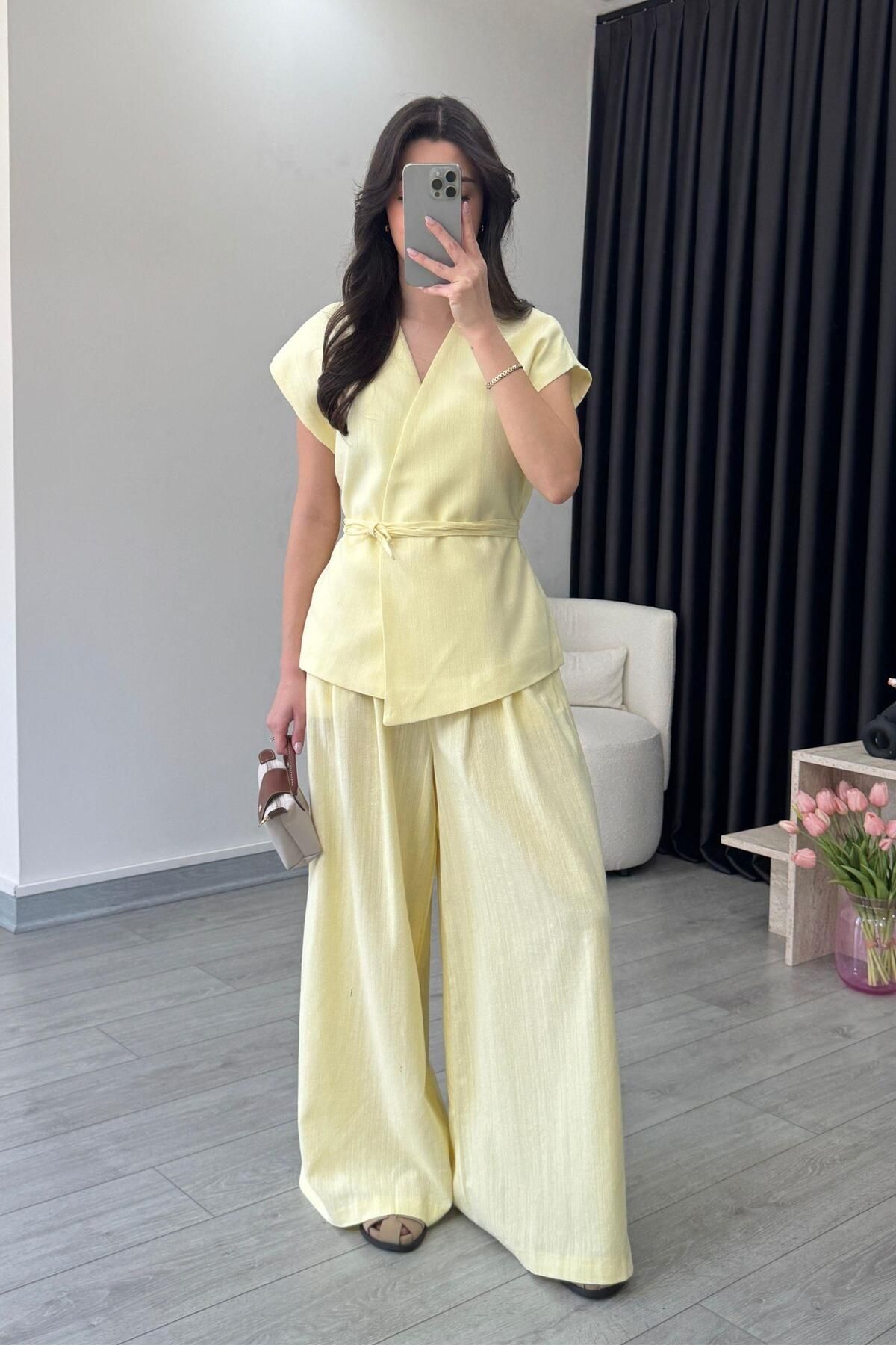 ECEMİ Romy Sarı Keten Yelek Pantolon Takım