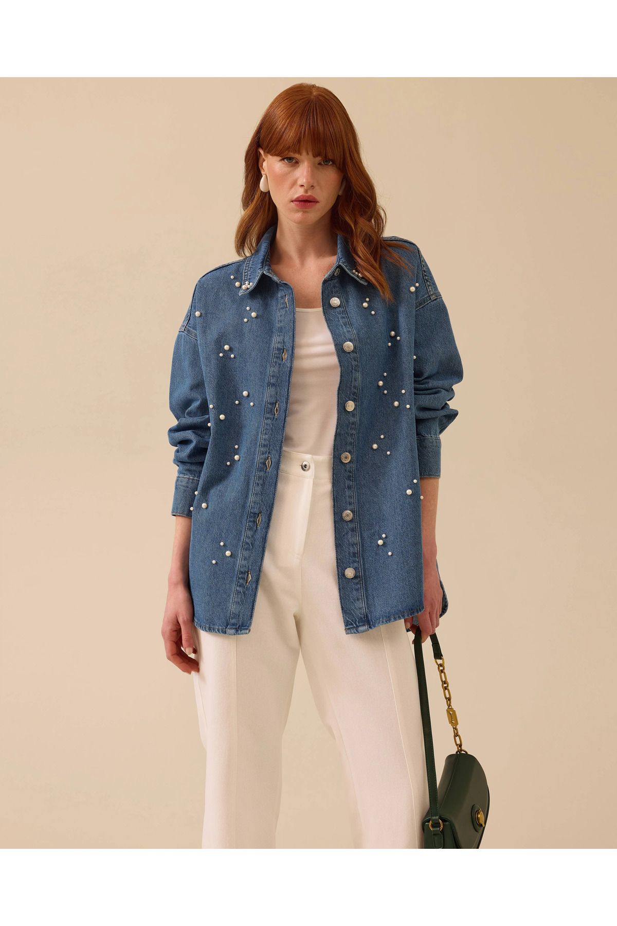 SEÇİL İnci Detaylı Oversize Jean Gömlek