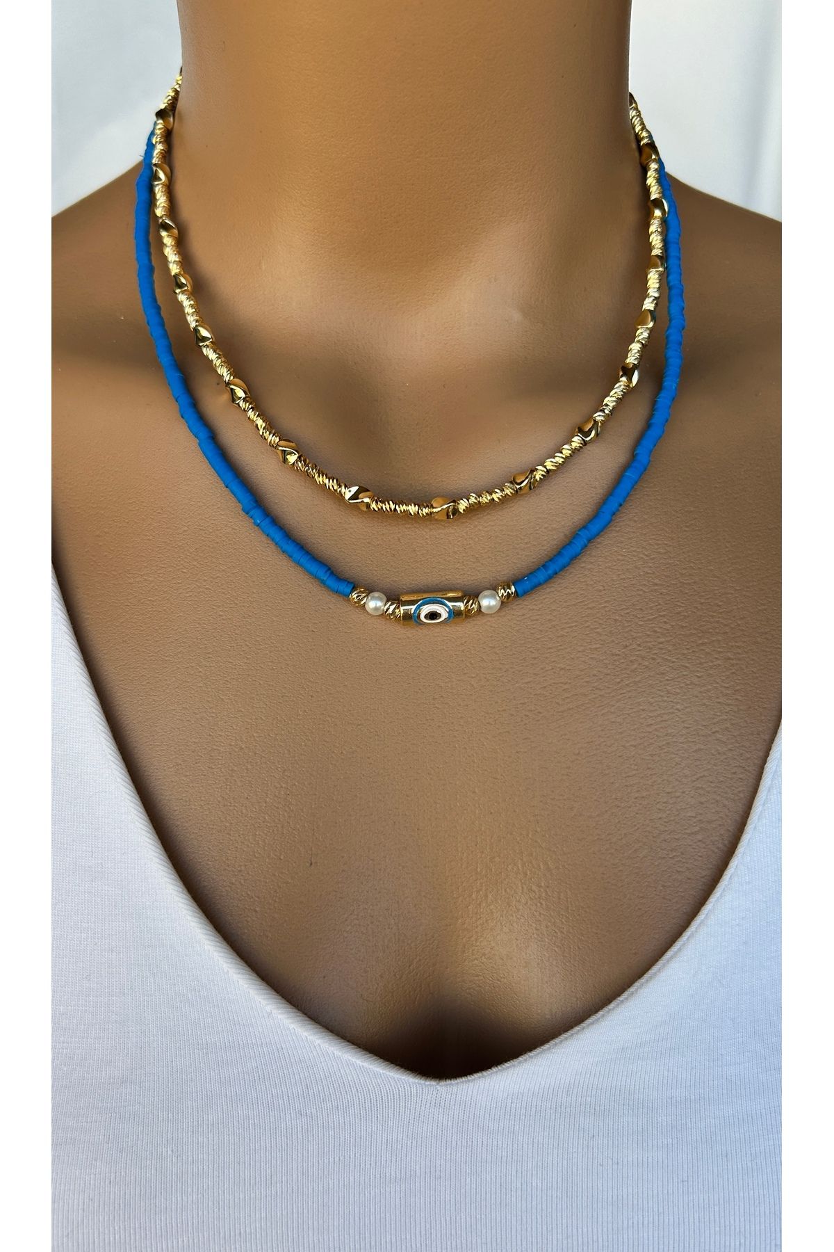Alvora Accessories Mavi Nazar Boncuklu ve Dorika Detaylı Kolye Kombini